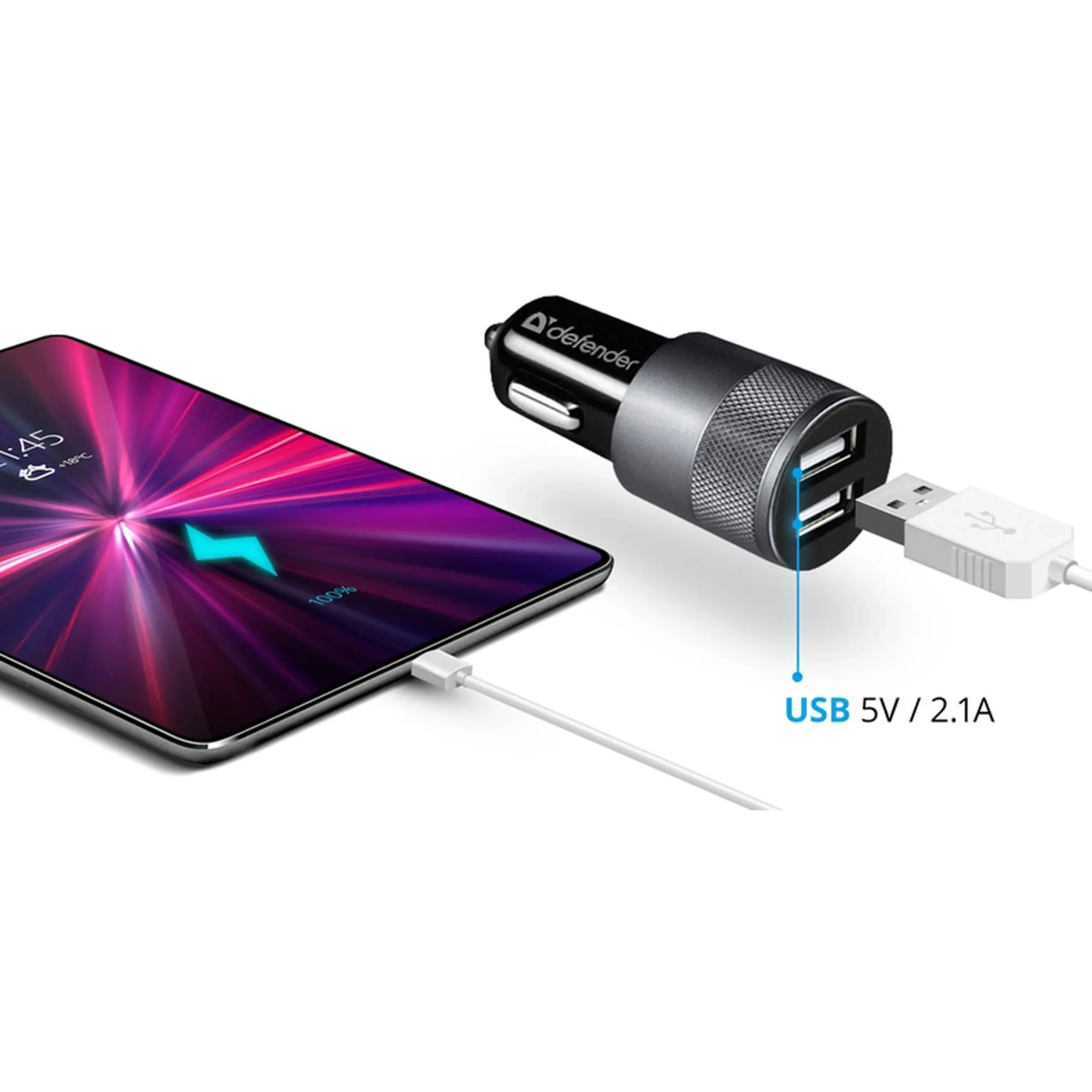 Купити Автозарядка Defender UCA-21 2xUSB 12W (2xUSB-A) 2.1A Black (83821) - фото 3