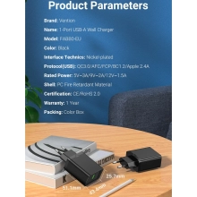 Купити Зарядний пристрій Vention 1xUSB 18W (USB-A) QC3.0 Black (FABB0-EU) - фото 6
