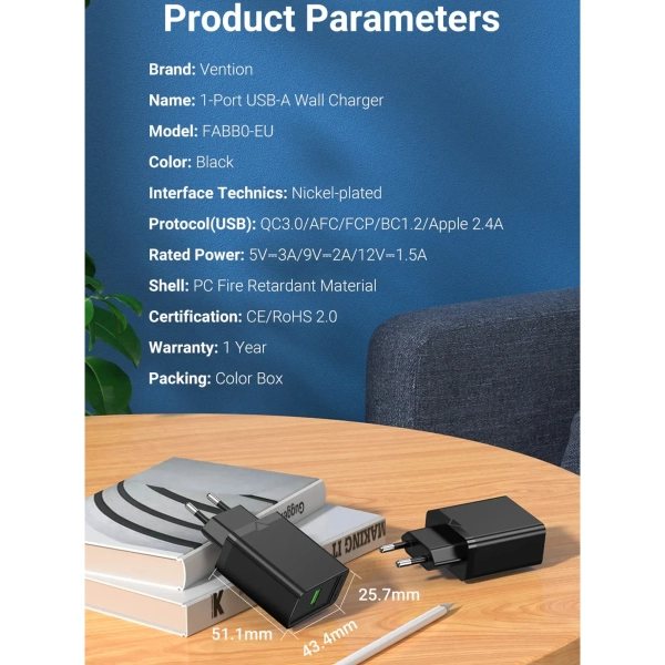 Купити Зарядний пристрій Vention 1xUSB 18W (USB-A) QC3.0 Black (FABB0-EU) - фото 6