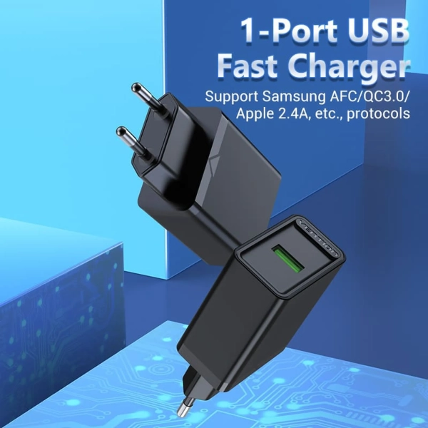 Купити Зарядний пристрій Vention 1xUSB 18W (USB-A) QC3.0 Black (FABB0-EU) - фото 7