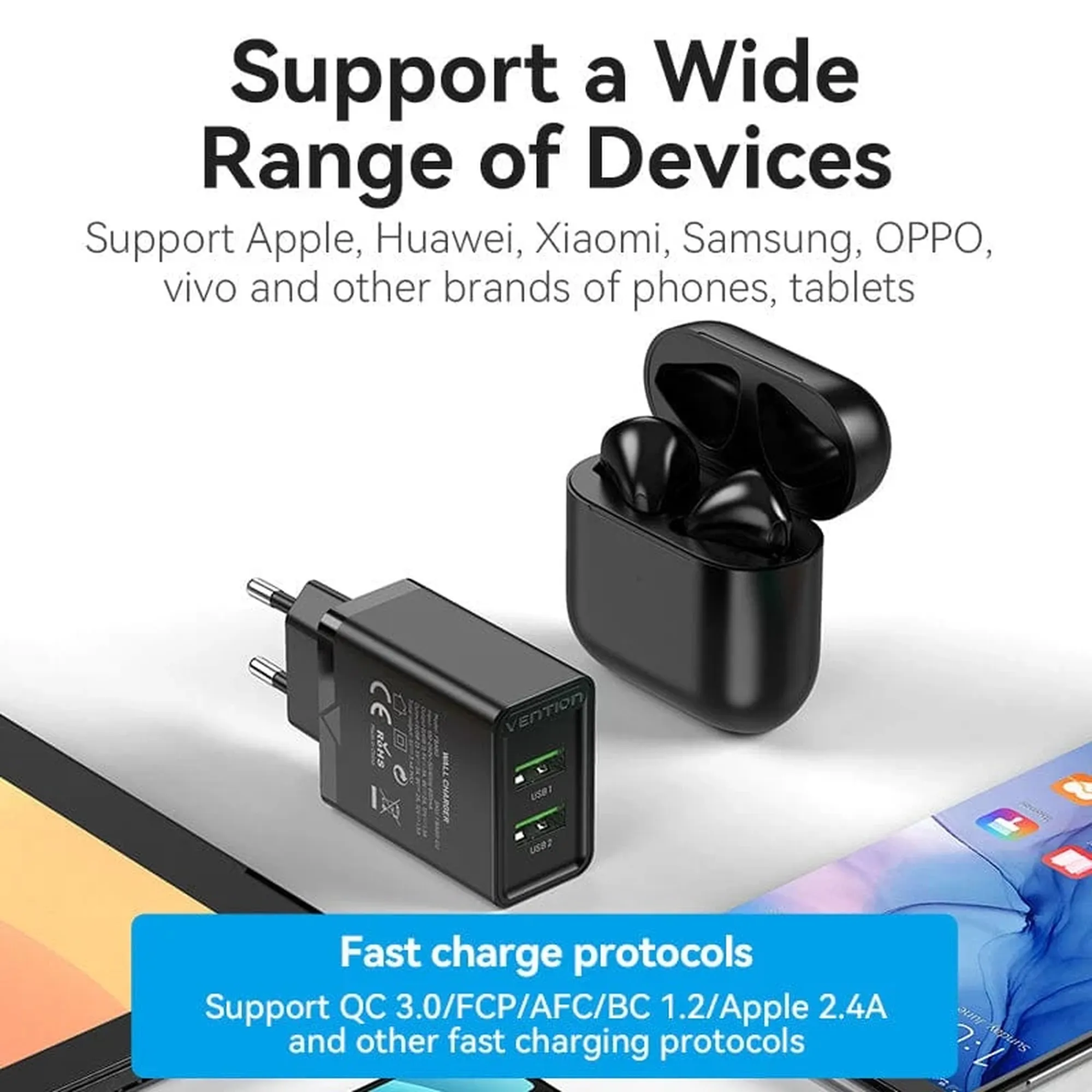 Купити Зарядний пристрій Vention 2xUSB 36W (USB-Ax2) QC3.0 Black (FBAB0-EU) - фото 5