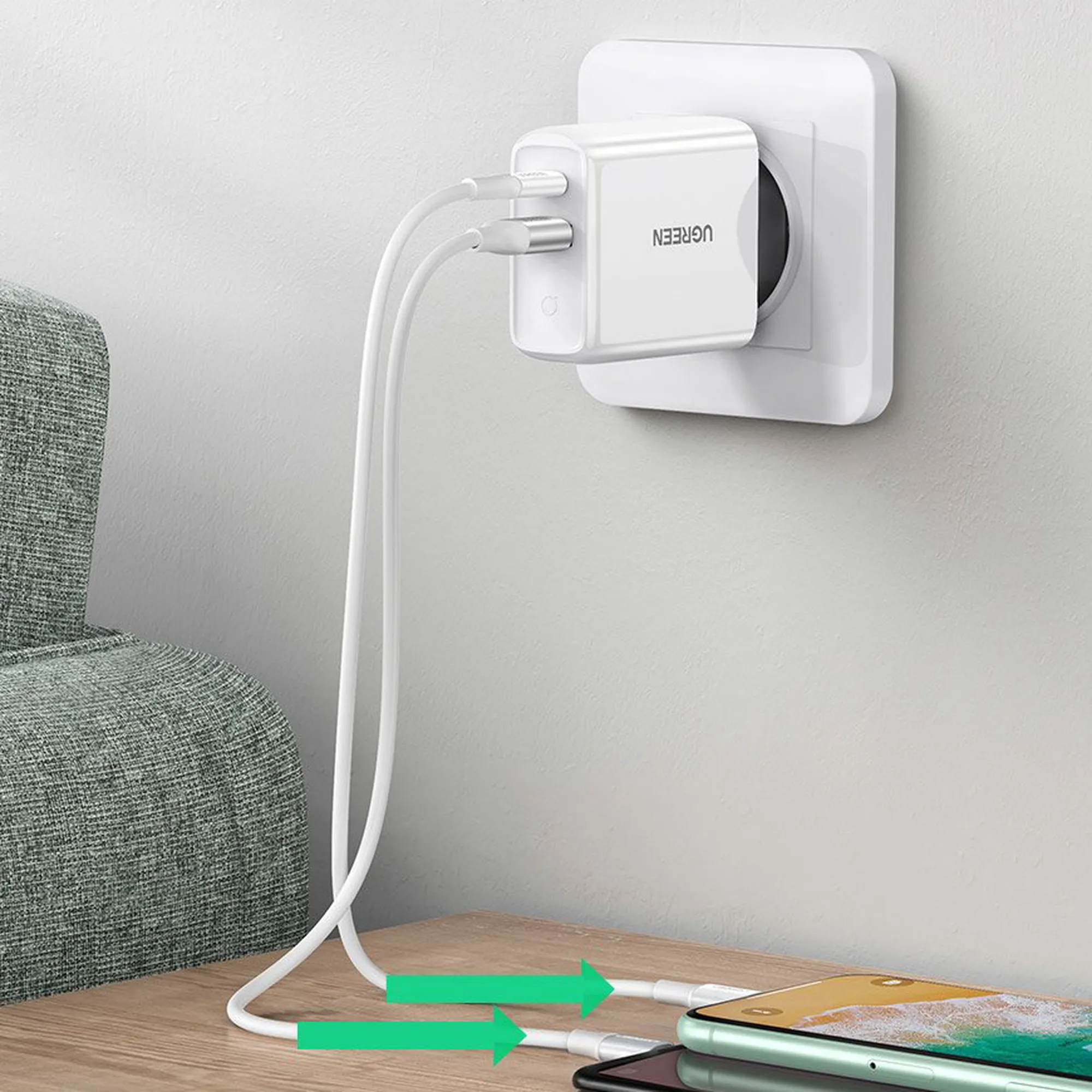 Купити Зарядний пристрій Ugreen CD170 2xUSB 38W (1хUSB-A+1xType-C) Wall Charger White  (60468) - фото 5