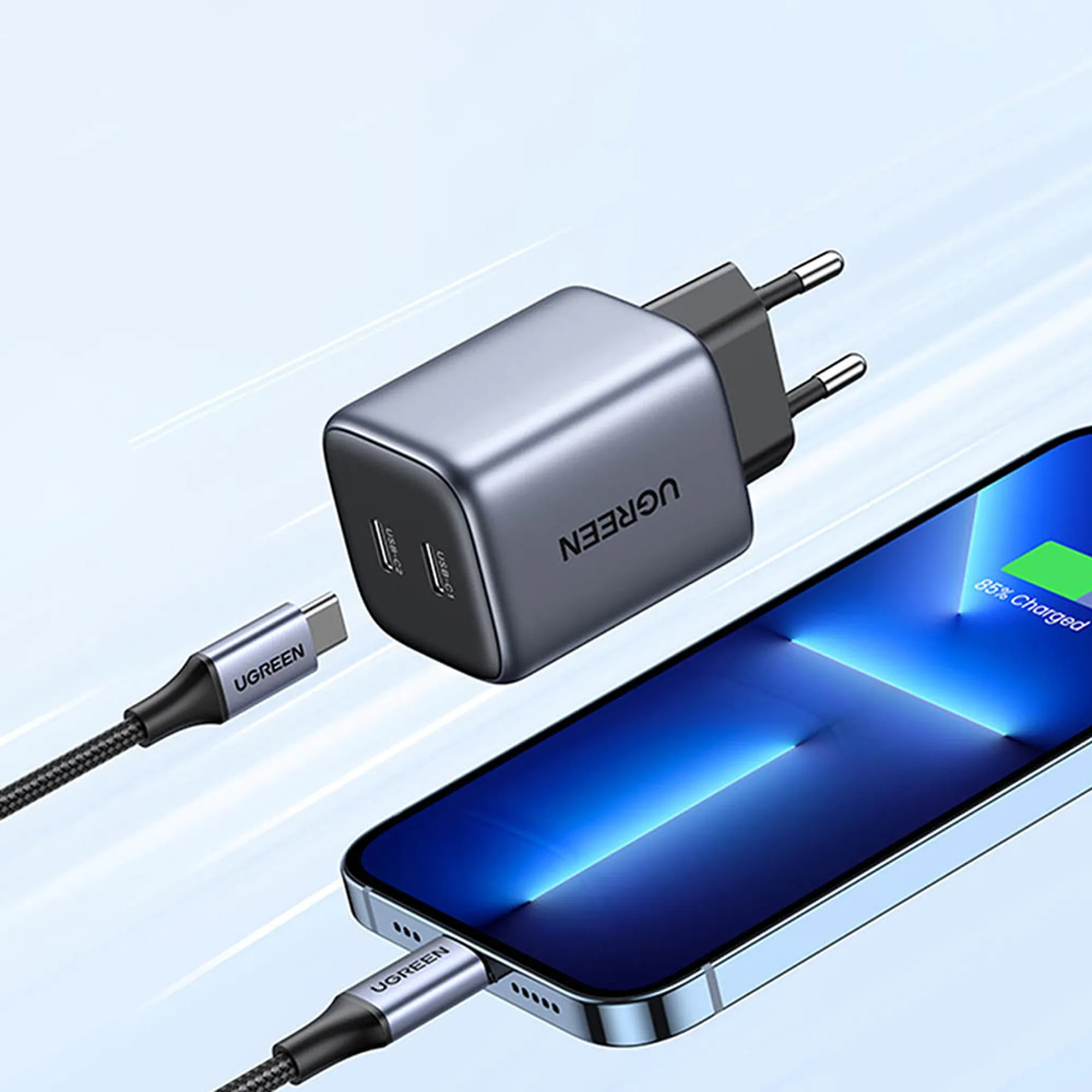 Купить Зарядное устройство Ugreen CD294 2xUSB 45W GAN (Type-C 25W+20W) PD Gray (90573) - фото 3