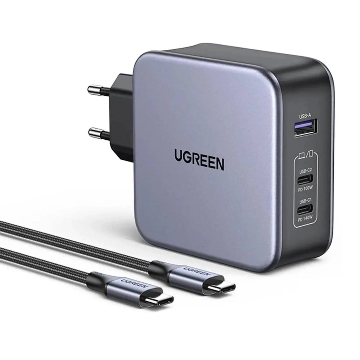 Купить Зарядное устройство Ugreen CD289 3xUSB 140W GaN (2хUSB-C+USB-A) with C to C Cable 1.5 м Gray  (90549) - фото 1