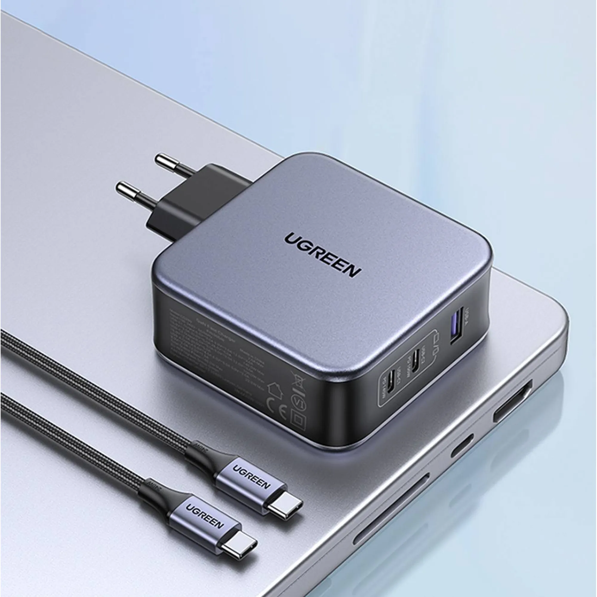 Купить Зарядное устройство Ugreen CD289 3xUSB 140W GaN (2хUSB-C+USB-A) with C to C Cable 1.5 м Gray  (90549) - фото 5