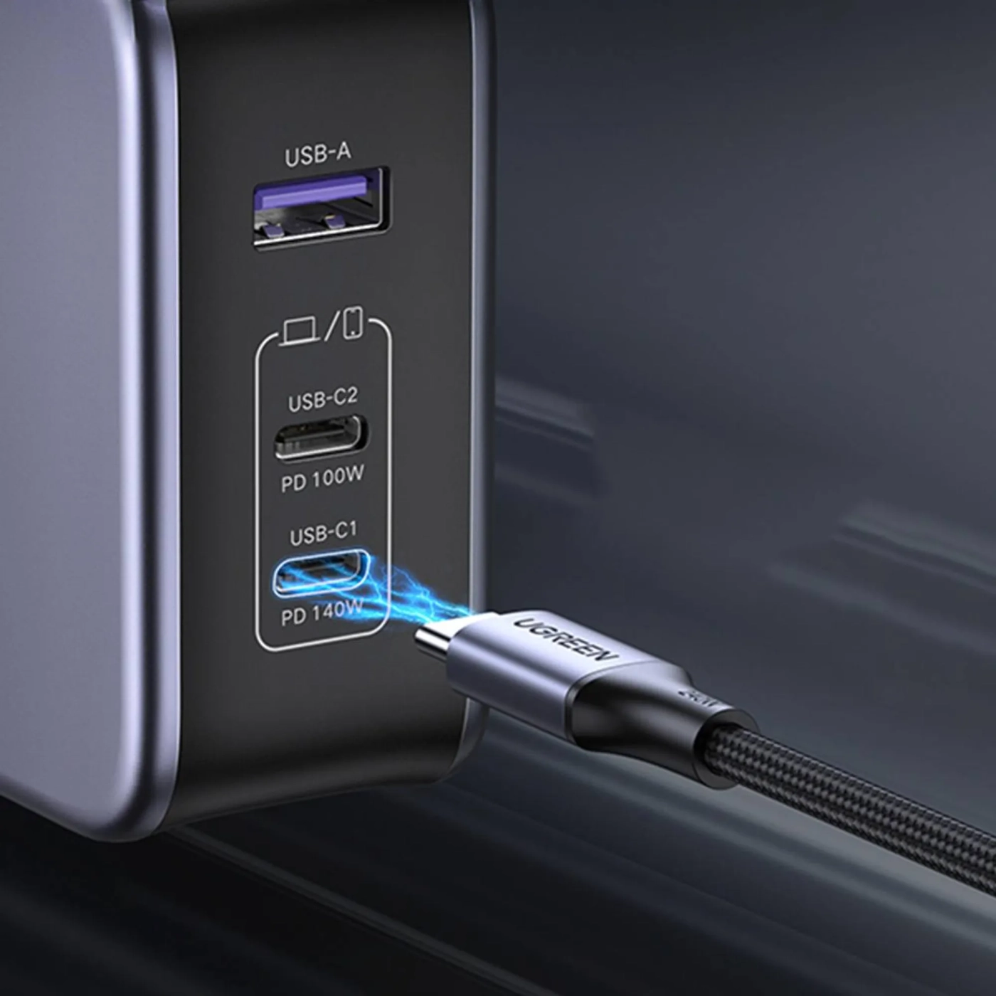 Купить Зарядное устройство Ugreen CD289 3xUSB 140W GaN (2хUSB-C+USB-A) with C to C Cable 1.5 м Gray  (90549) - фото 8