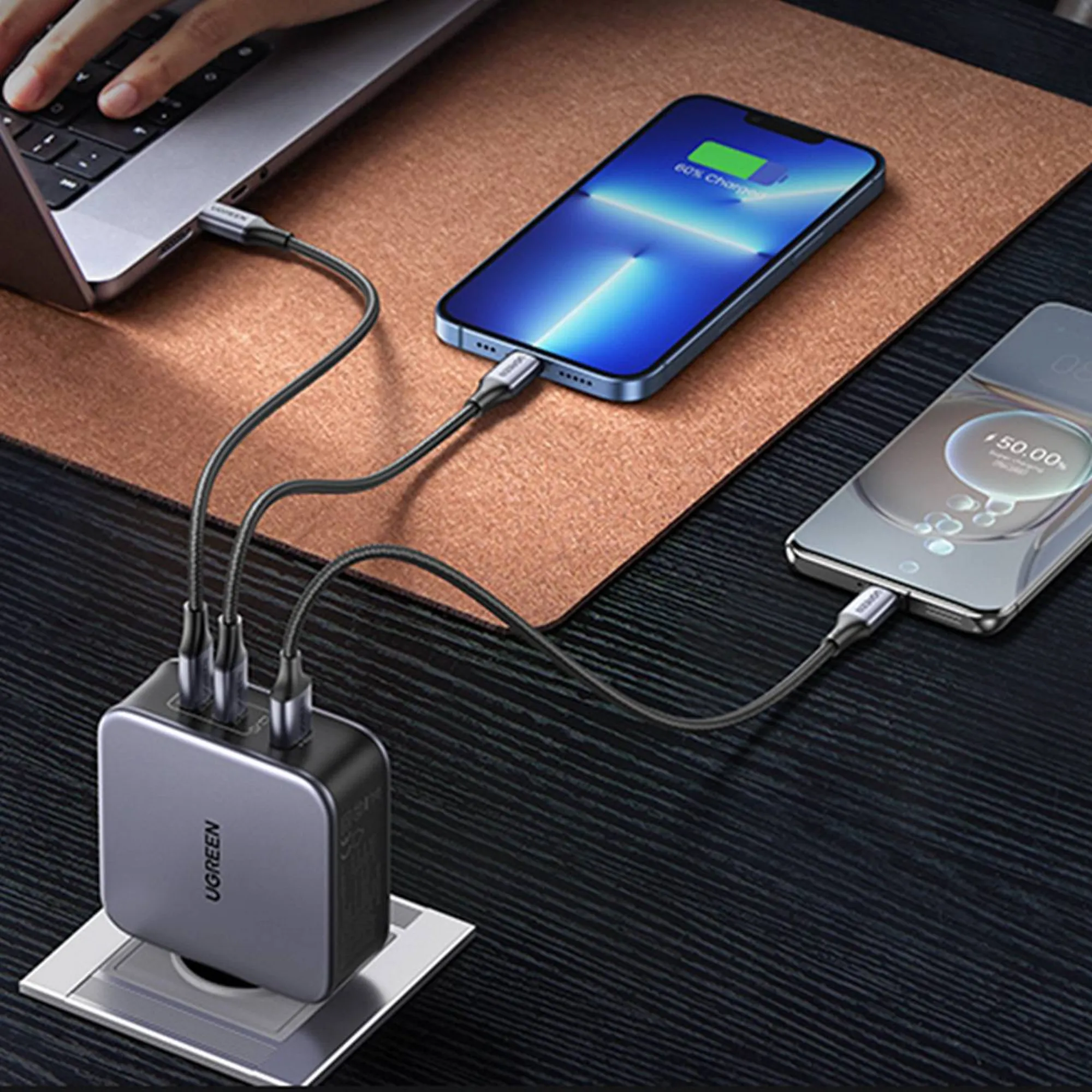 Купить Зарядное устройство Ugreen CD289 3xUSB 140W GaN (2хUSB-C+USB-A) with C to C Cable 1.5 м Gray  (90549) - фото 11