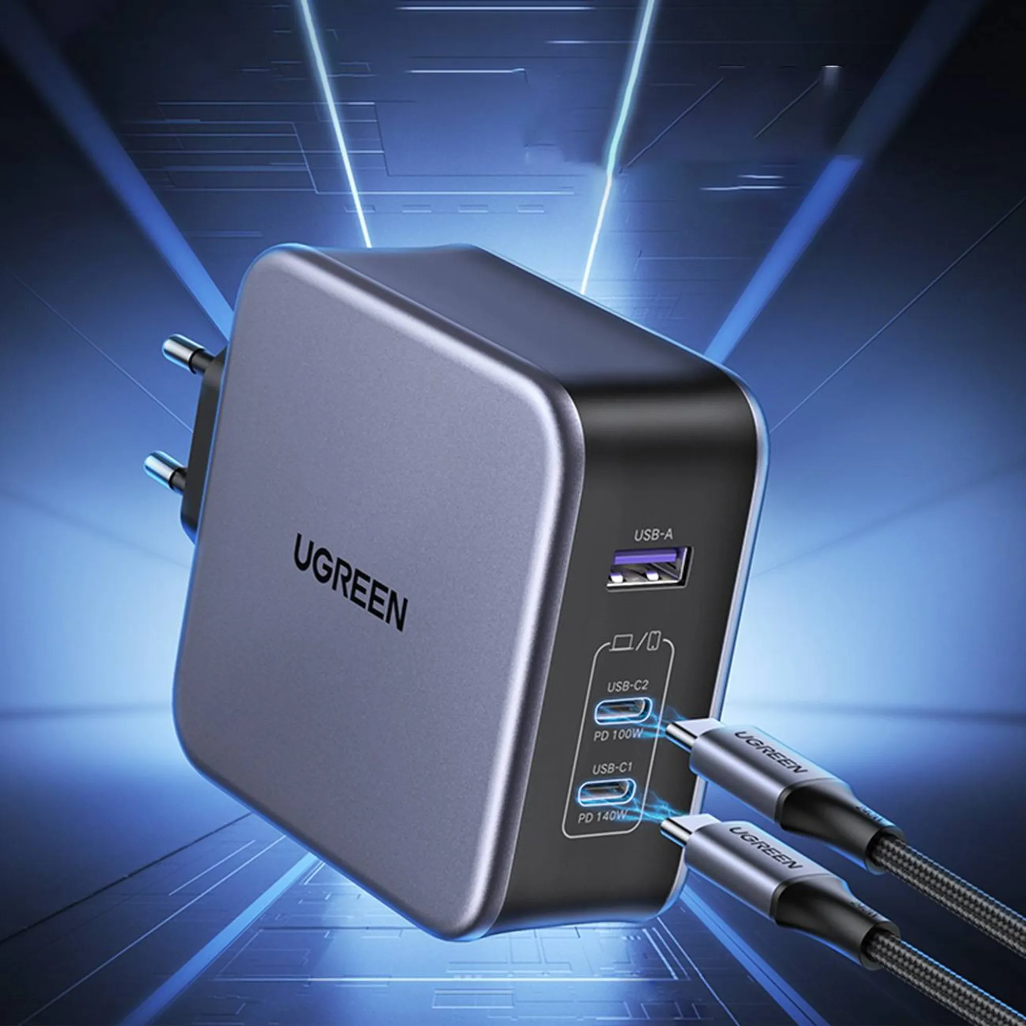 Купить Зарядное устройство Ugreen CD289 3xUSB 140W GaN (2хUSB-C+USB-A) with C to C Cable 1.5 м Gray  (90549) - фото 12