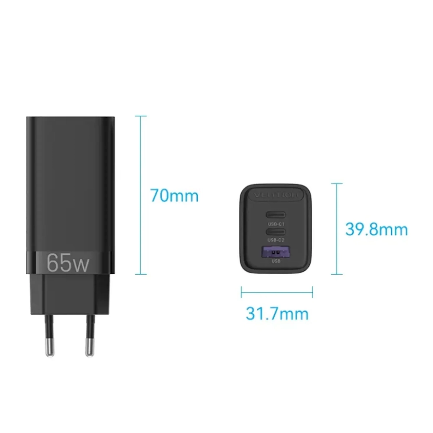 Купить Зарядное устройство Vention 3xUSB 65W (USB-Cx2+USB-A) PD3.0+QC4.0 Black (FEDB0-EU) - фото 4