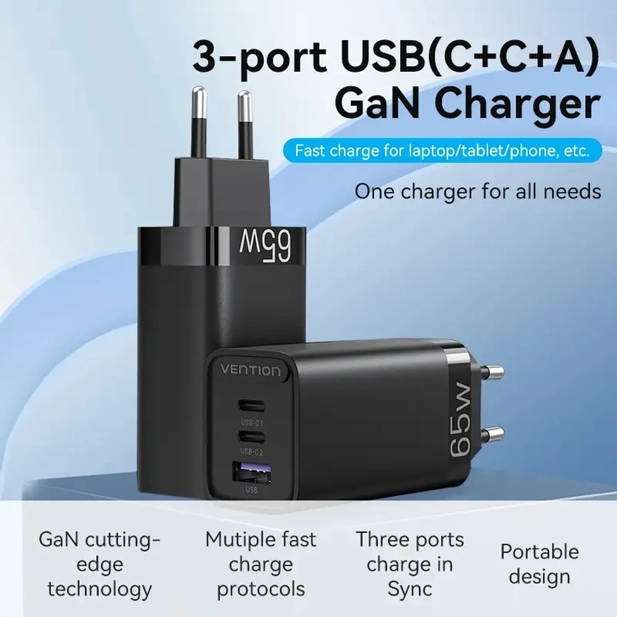 Купить Зарядное устройство Vention 3xUSB 65W (USB-Cx2+USB-A) PD3.0+QC4.0 Black (FEDB0-EU) - фото 7