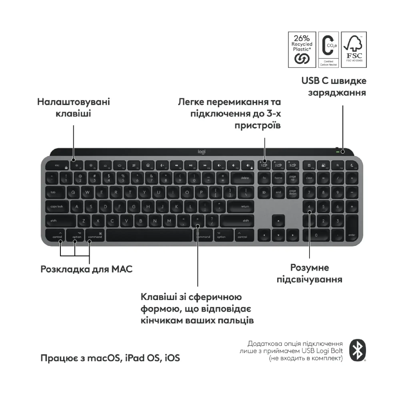 Купити Клавіатура Logitech MX Keys S for Mac Wireless Keyboard Space Gray (920-011637) - фото 6