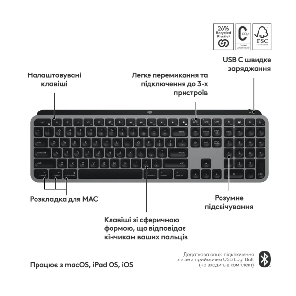 Купити Клавіатура Logitech MX Keys S for Mac Wireless Keyboard Space Gray (920-011637) - фото 6