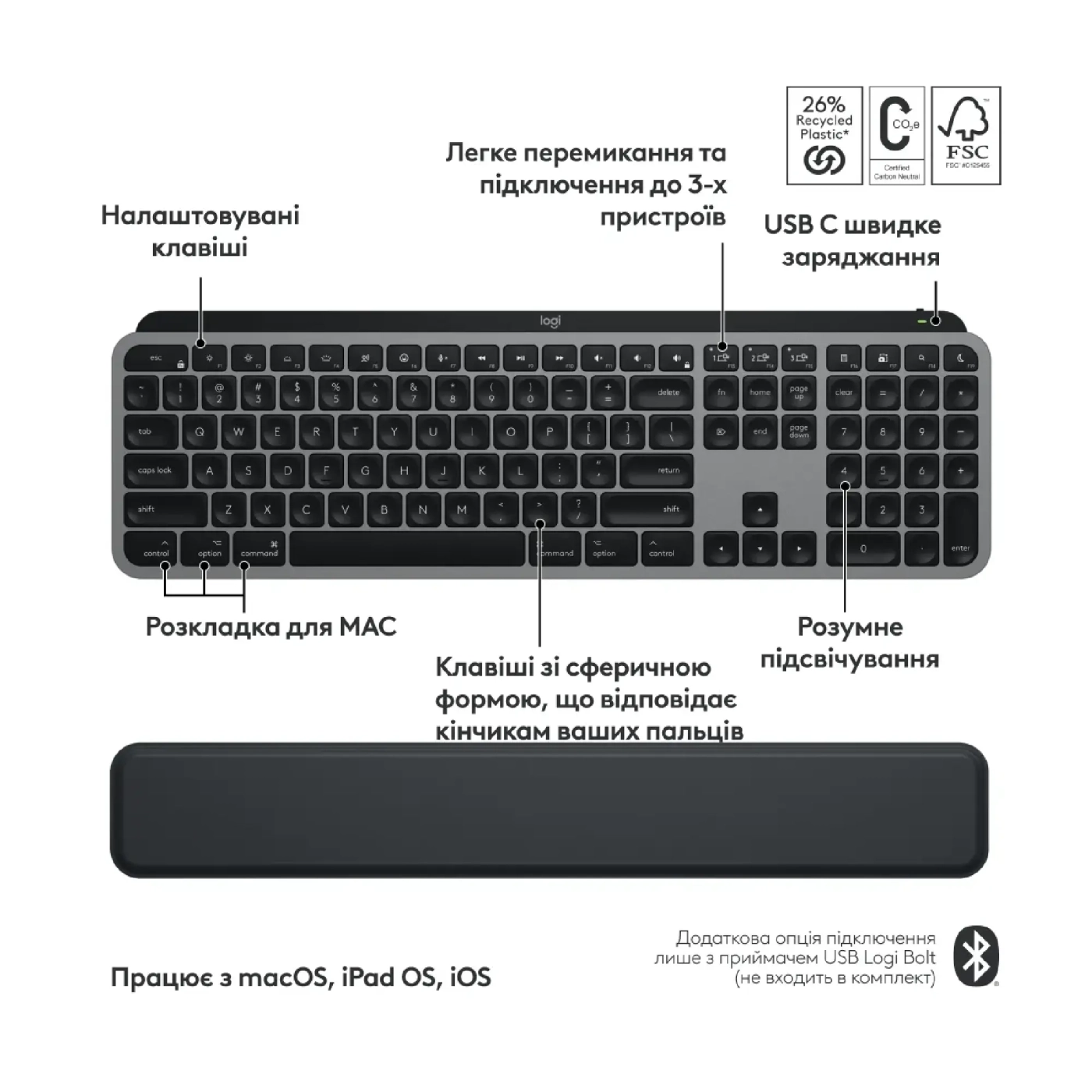 Купить Комплект клавиатура и мышь Logitech MX Keys S Combo for Mac Space Gray (920-012845) - фото 7