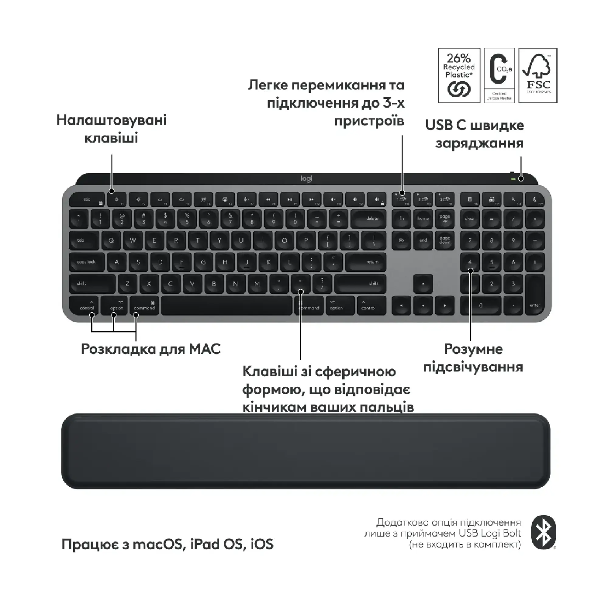 Купить Комплект клавиатура и мышь Logitech MX Keys S Combo for Mac Space Gray (920-012845) - фото 7
