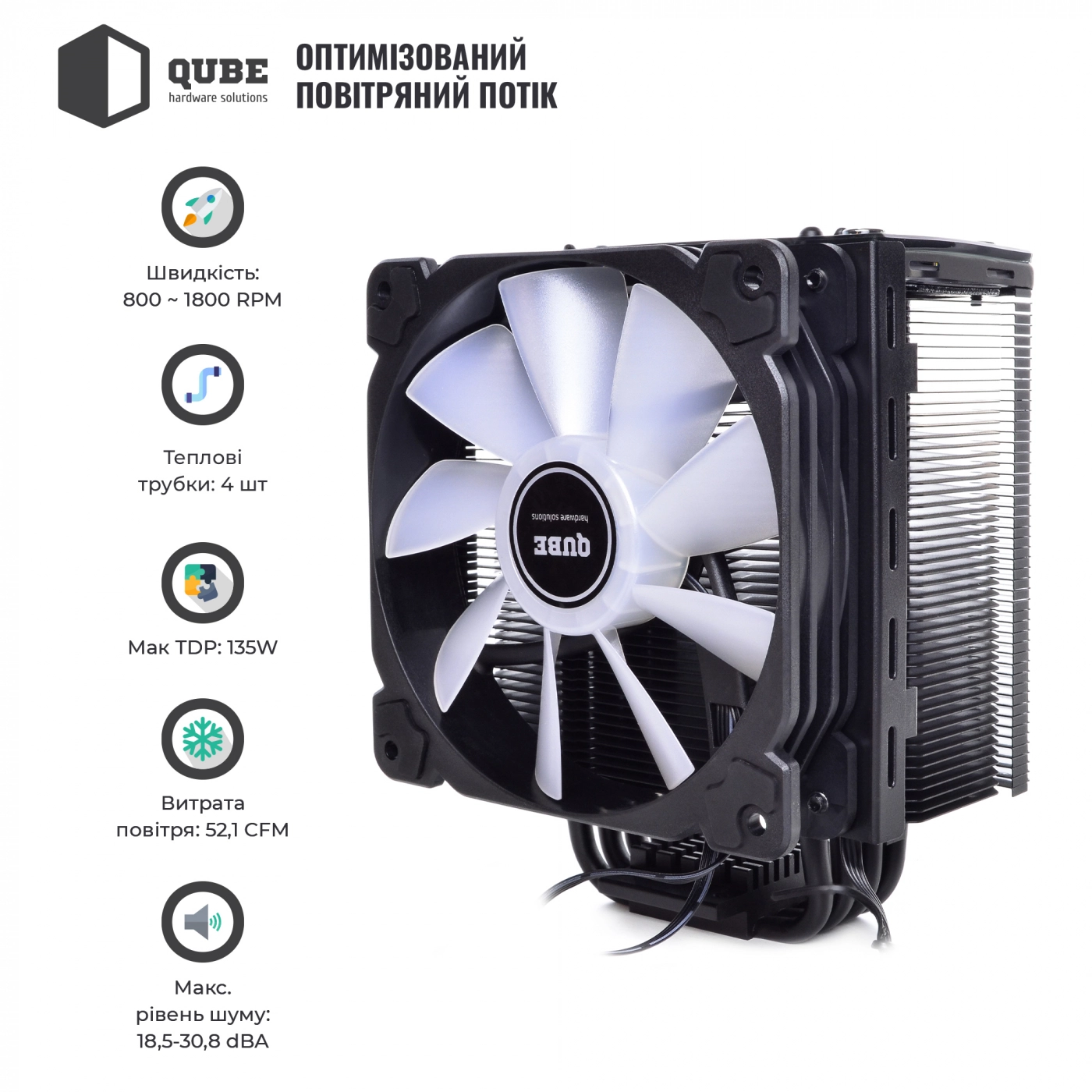 Купить Процессорный кулер QUBE QB-OL201 (120mm/4pin/800-1500RPM/30.8dBA/мак. TDP 135W/4 тепл. трубки) - фото 3