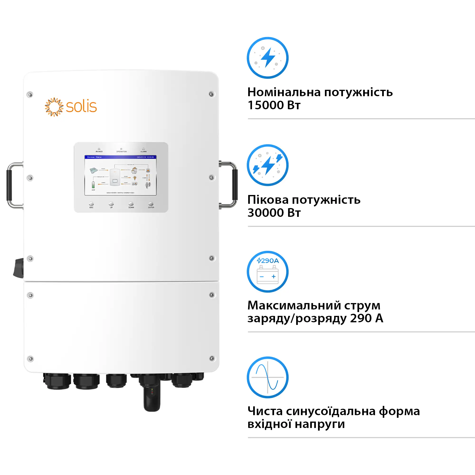 Купити Гібридний інвертор Solis S6-EH3P15K-L 15KW 48V 2 MPPT Wi-Fi 220/380V Трифазний - фото 2