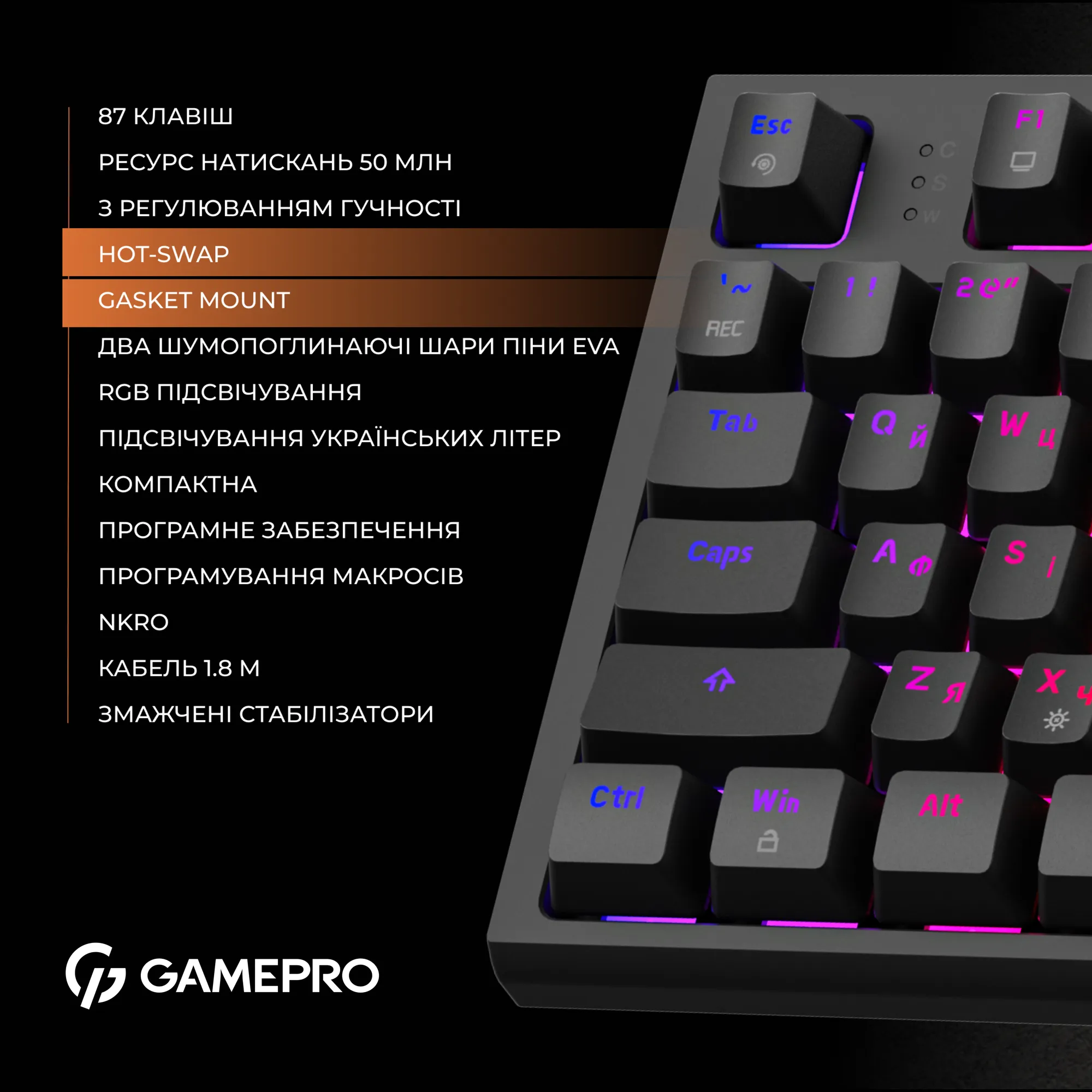 Купити Клавіатура GamePro MK180B Hot-Swap Red Switch RGB Black - фото 9
