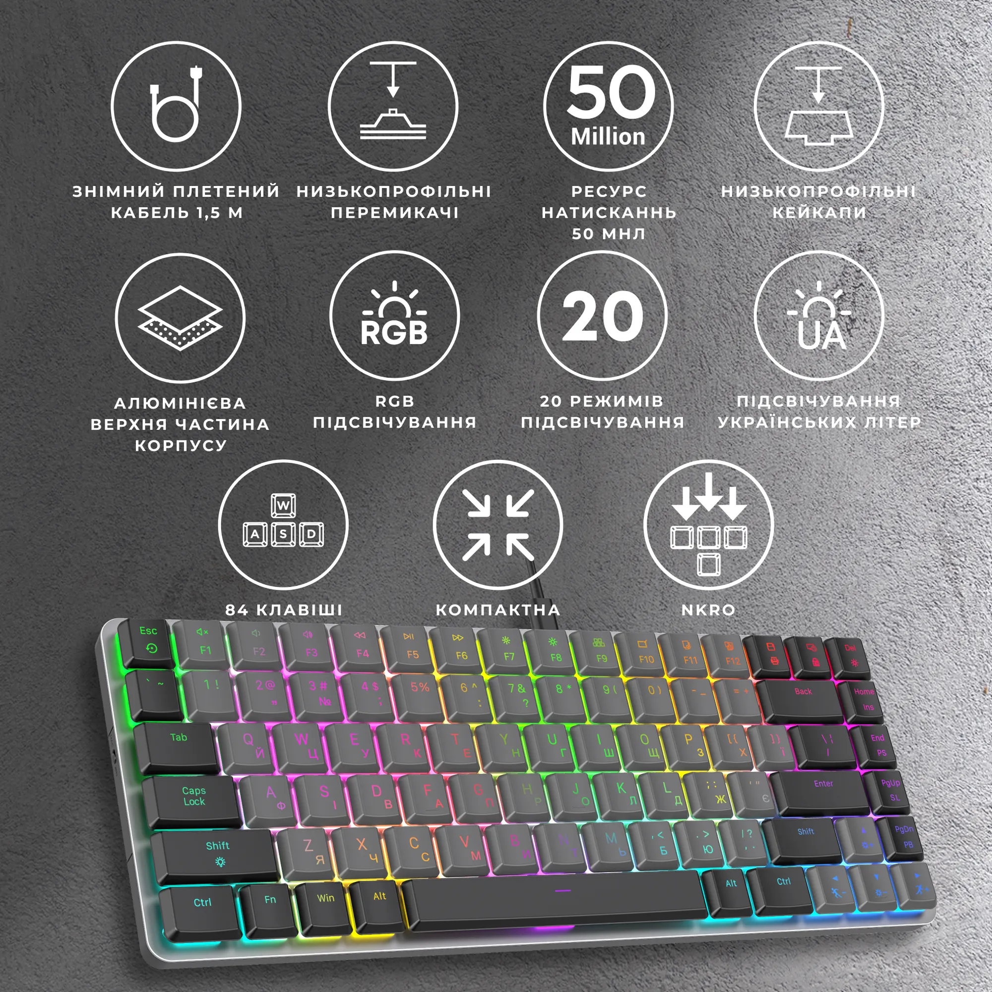 Купить Клавиатура GamePro MK141R Red Swich Low Profile RGB USB Dark Gray - фото 8