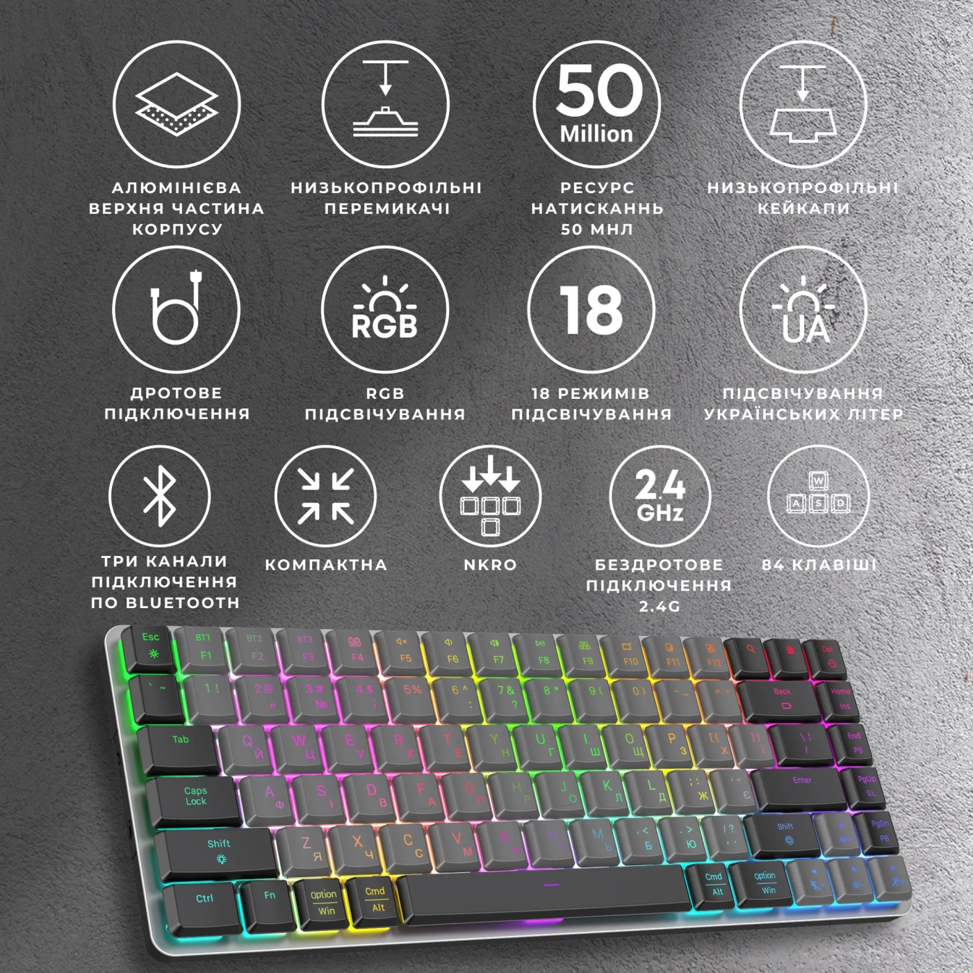 Купить Клавиатура GamePro MK230R Red Swich Low Profile RGB Wireless/Bluetooth/USB Dark Gray - фото 10