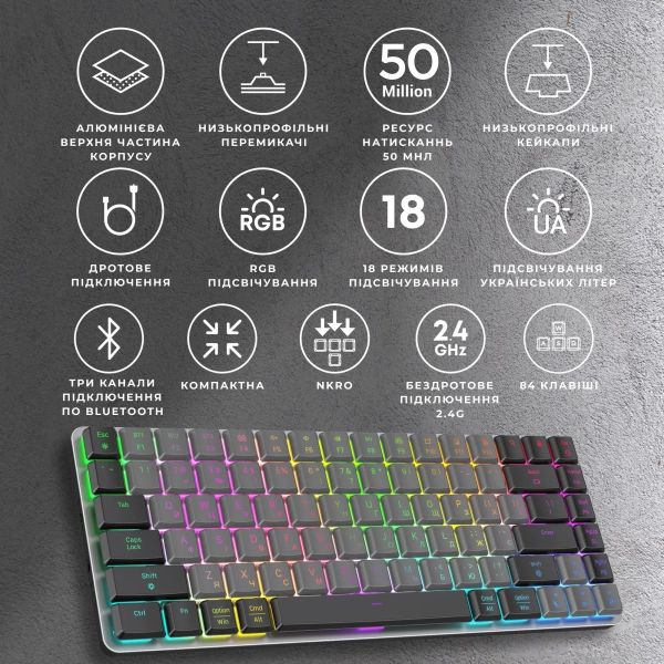 Купить Клавиатура GamePro MK230R Red Swich Low Profile RGB Wireless/Bluetooth/USB Dark Gray - фото 10