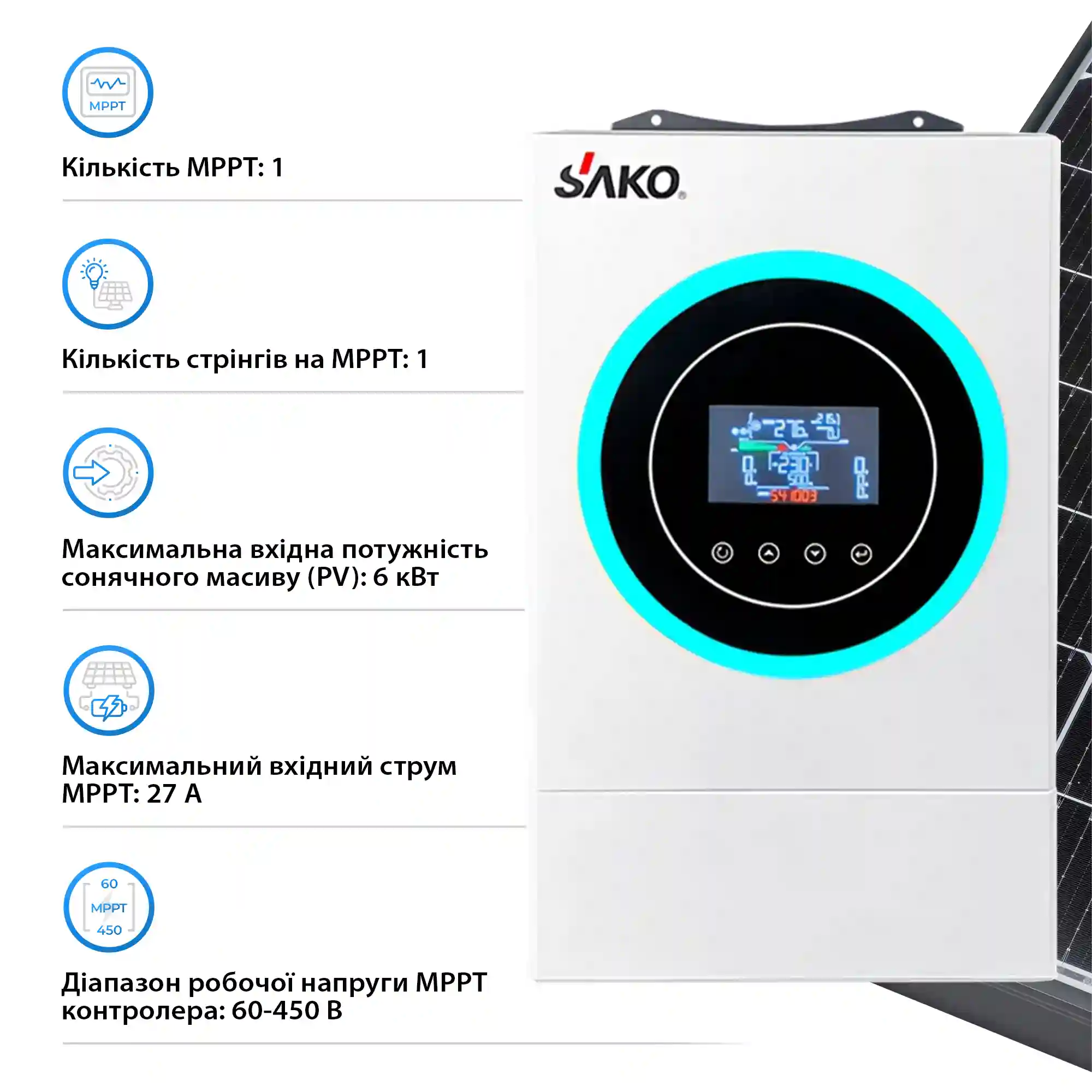Купить Автономный инвертор SAKO SUNON V 6.2kW 48V 1 MPPT Wi-Fi 220V Однофазный (SUNON V 6.2kW) - фото 4
