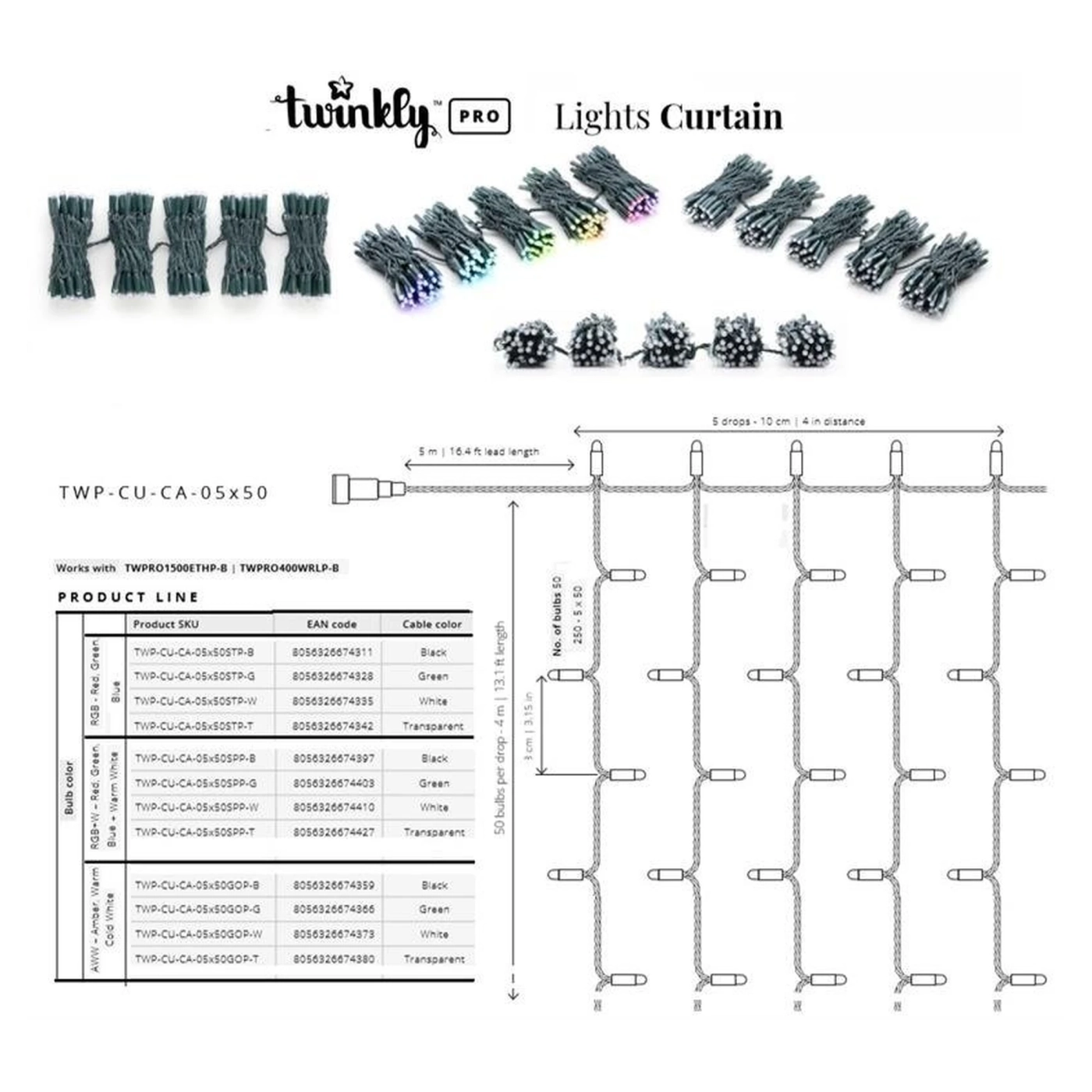 Купить Умная LED Гирлянда Twinkly Pro Curtain RGB 250, AWG22, IP65, зеленый (TWP-CU-CA-05X50STP-G) - фото 5