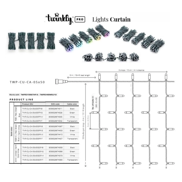 Купить Умная LED Гирлянда Twinkly Pro Curtain RGB 250, AWG22, IP65, зеленый (TWP-CU-CA-05X50STP-G) - фото 5
