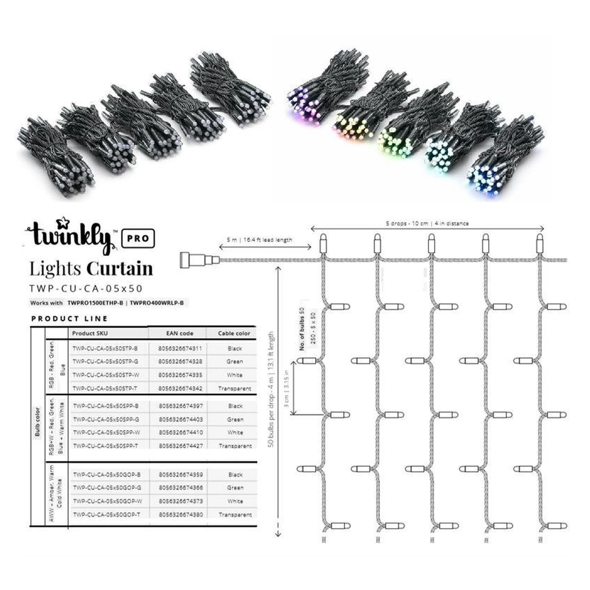 Купить Умная LED Гирлянда Twinkly Pro Curtain RGB 250, AWG22, IP65, черный (TWP-CU-CA-05X50STP-B) - фото 5