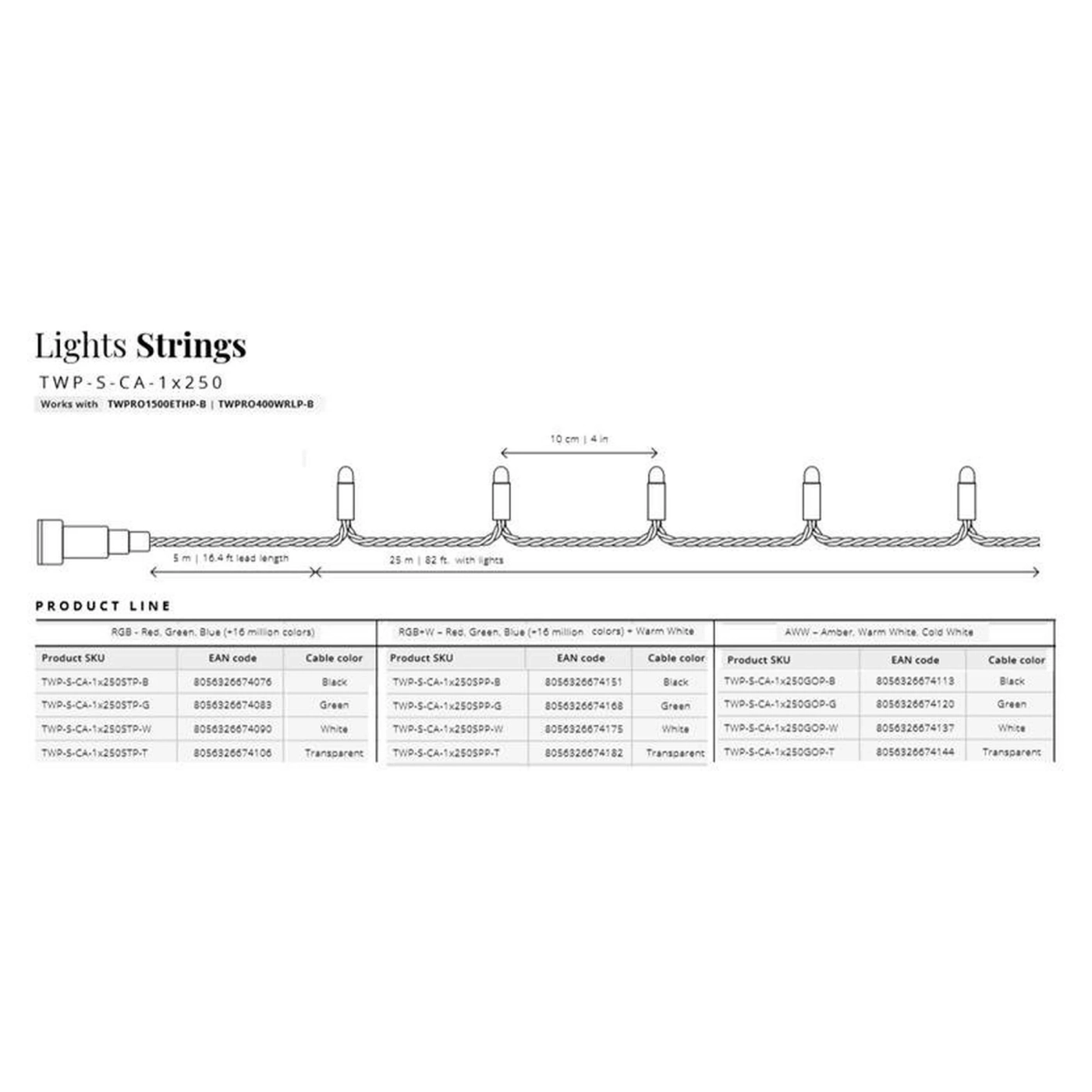 Купить Умная LED Гирлянда Twinkly Pro Strings RGB 250, одинарная линия, AWG22, IP65, зеленый (TWP-S-CA-1X250STP-G) - фото 2