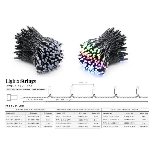 Купити Розумна LED Гірлянда Twinkly Pro Strings RGB 250, одинарна лінія, AWG22, IP65, чорний (TWP-S-CA-1X250STP-B) - фото 2