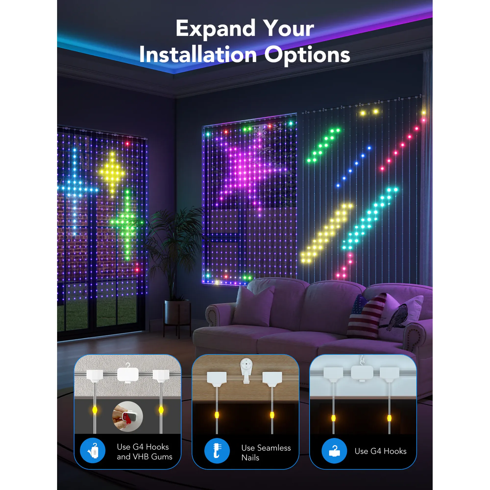 Купить Умная LED гирлянда Govee H70B1 Curtain Light RGB 520LED Clear Wire (H70B13A1) - фото 7