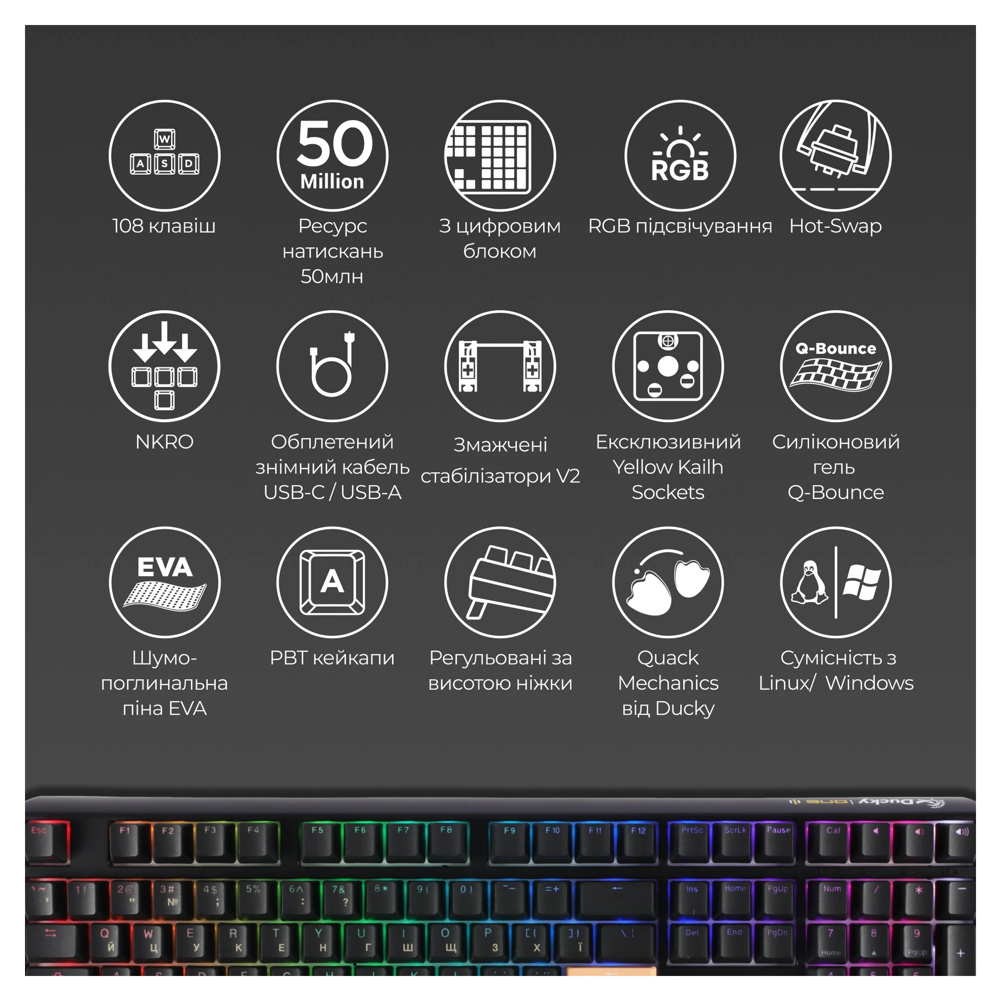 Купить Клавиатура Ducky One 3 Cherry MX Blue RGB Black UA (DKON2108ST-CUAPXCLAWSC1) - фото 14