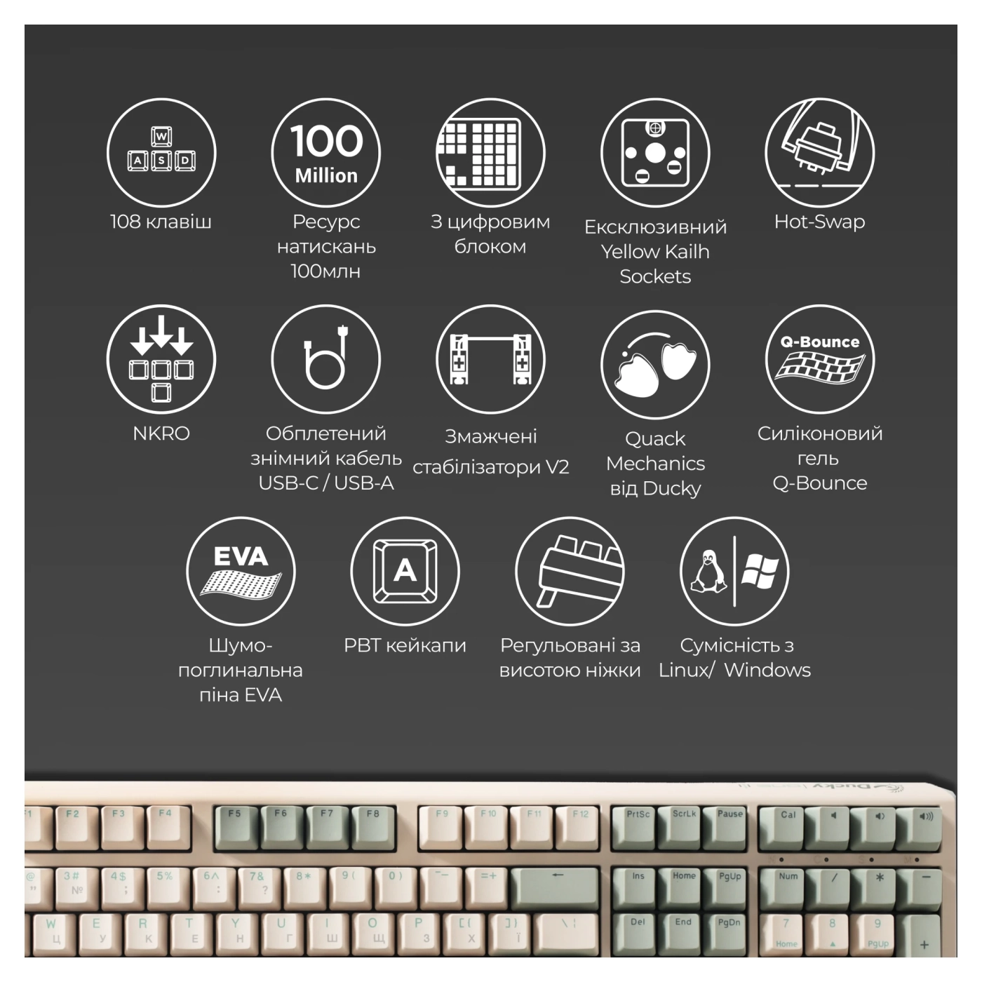 Купити Клавіатура Ducky One 3 Cherry MX Silent Red Matcha Cream UA (DKON2108-SUAPXМАEGGC1) - фото 5