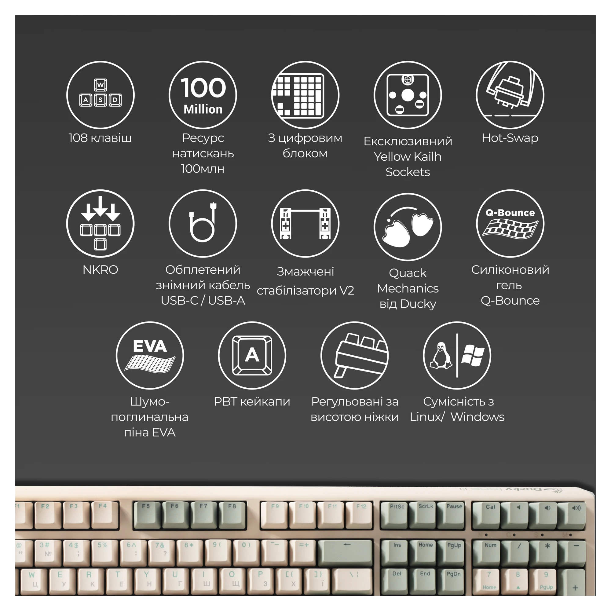 Купити Клавіатура Ducky One 3 Cherry MX Silent Red Matcha Cream UA (DKON2108-SUAPXМАEGGC1) - фото 5