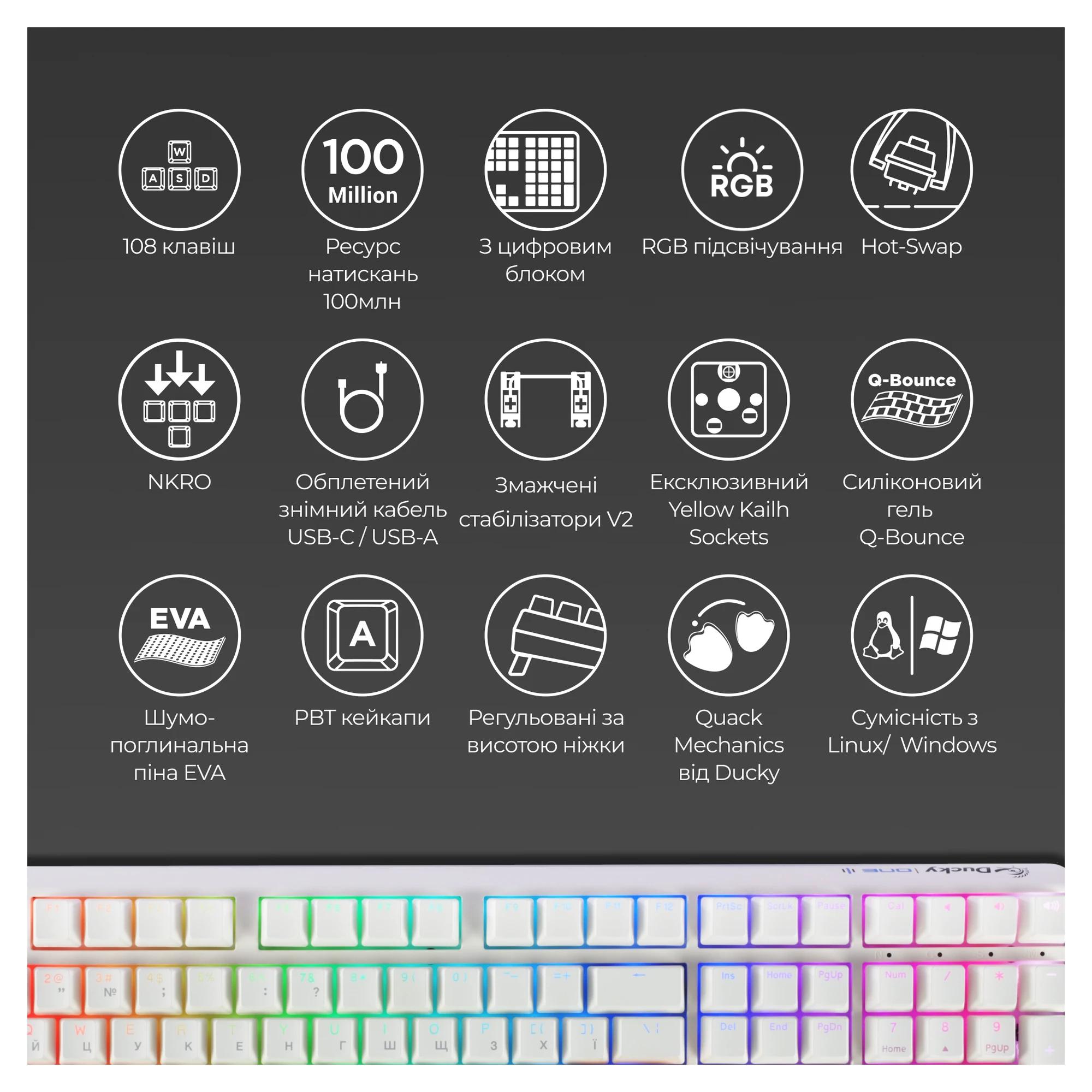Купить Клавиатура Ducky One 3 Cherry MX Silent Red RGB White UA (DKON2108ST-SUAPXPWWWSC1) - фото 5