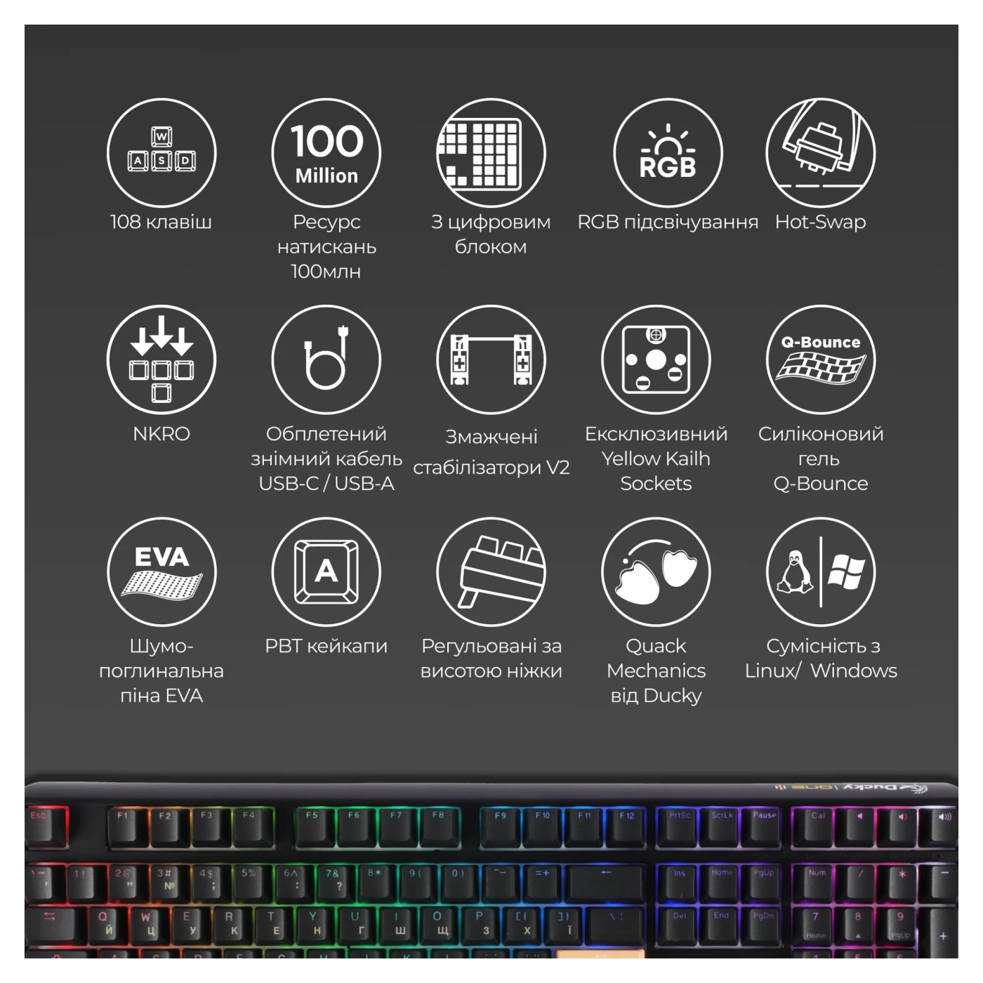 Купити Клавіатура Ducky One 3 Cherry MX Speed ​​Silver RGB Black UA (DKON2108ST-PUAPXCLAWSC1) - фото 5