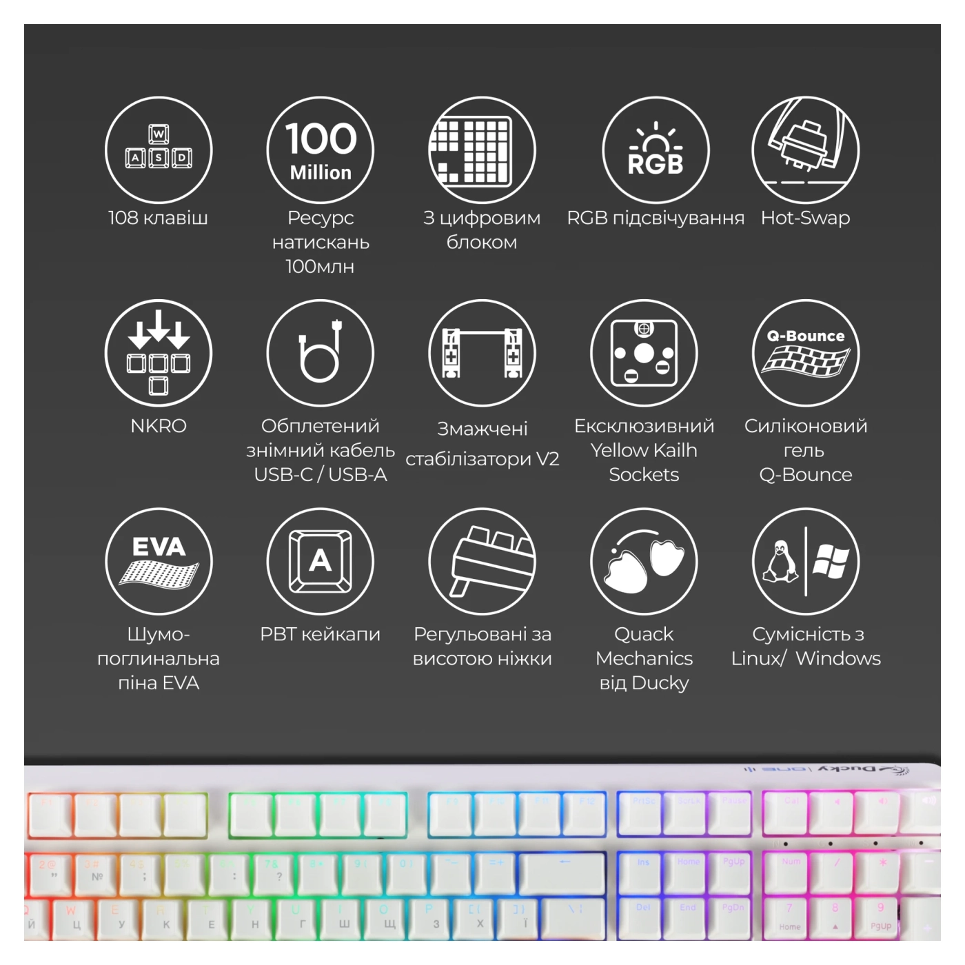 Купить Клавиатура Ducky One 3 Cherry MX Speed Silver RGB White UA (DKON2108ST-PUAPXPWWWSC1) - фото 5