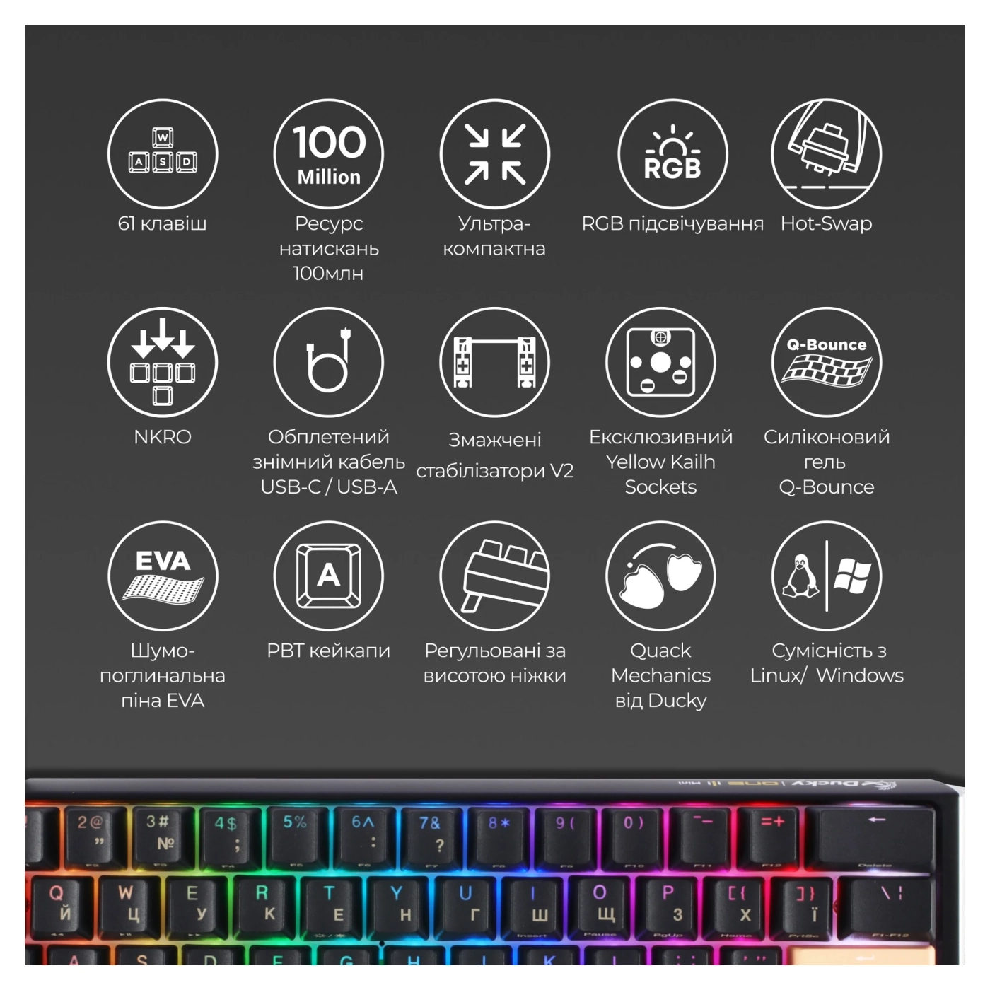 Купить Клавиатура Ducky One 3 Mini Cherry MX Silent Red RGB Black UA (DKON2161ST-SUAPXCLAWSC1) - фото 11