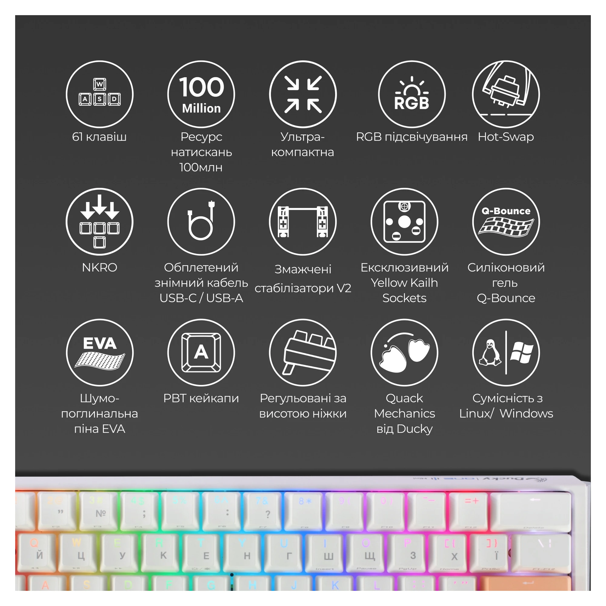 Купить Клавиатура Ducky One 3 Mini Cherry MX Silent Red RGB White UA (DKON2161ST-SUAPXPWWWSC1) - фото 4