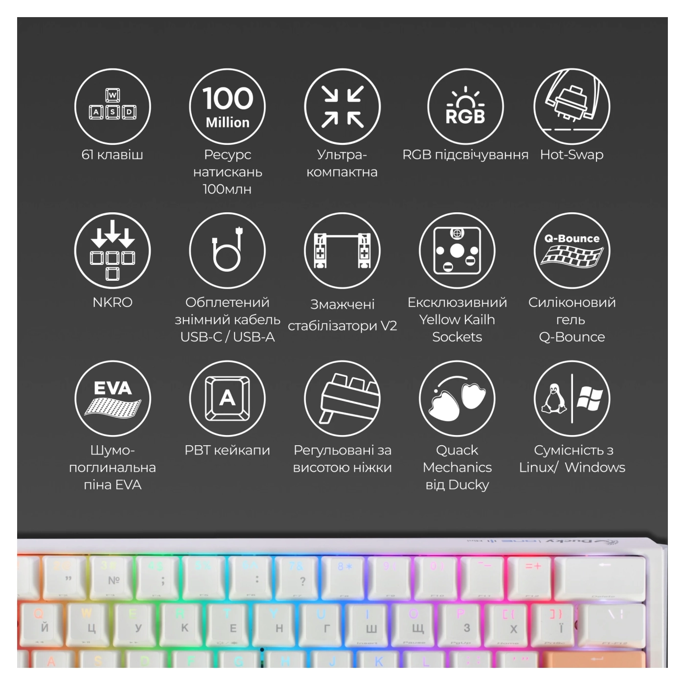 Купити Клавіатура Ducky One 3 Mini Cherry MX Speed ​​Silver RGB White UA (DKON2161ST-PUAPXPWWWSC1) - фото 4