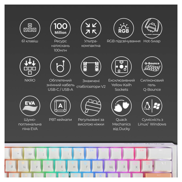 Купити Клавіатура Ducky One 3 Mini Cherry MX Speed ​​Silver RGB White UA (DKON2161ST-PUAPXPWWWSC1) - фото 4