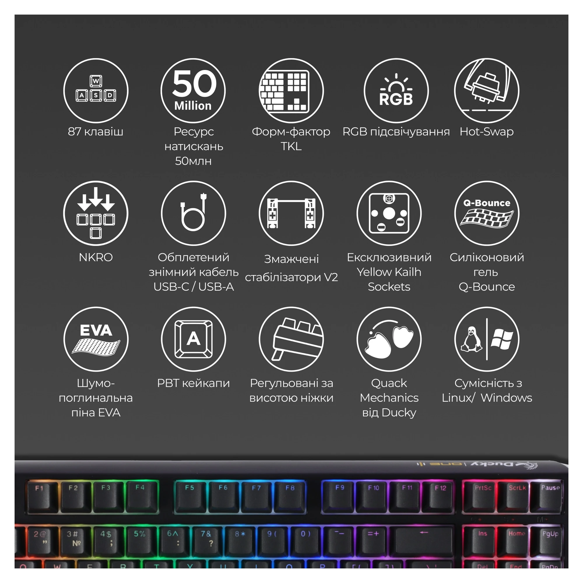 Купити Клавіатура Ducky One 3 TKL Cherry MX Brown RGB Black UA (DKON2187ST-BUAPXCLAWSC1) - фото 4
