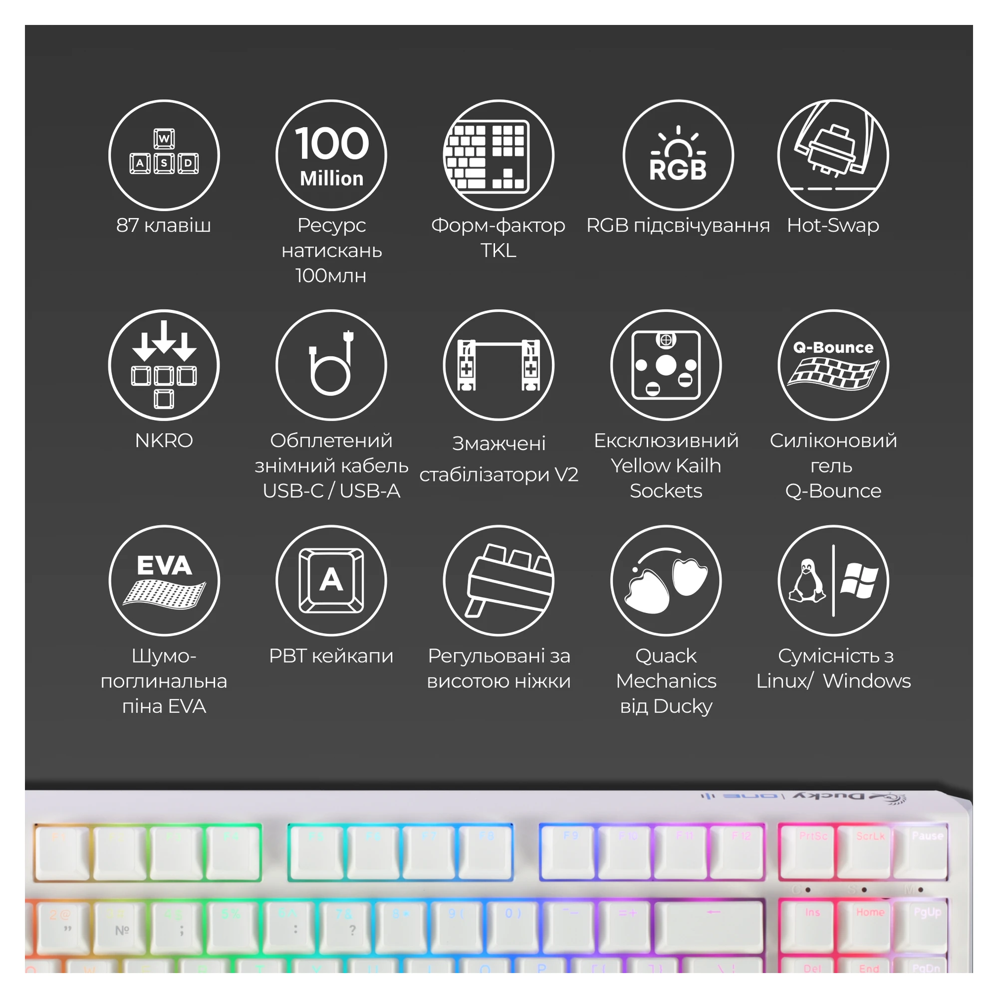 Купить Клавиатура Ducky One 3 TKL Cherry MX Silent Red RGB White UA (DKON2187ST-SUAPXPWWWSC1) - фото 5