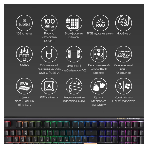 Купить Клавиатура Ducky One 3 TKL Cherry MX Speed Silver RGB Black UA (DKON2187ST-PUAPXCLAWSC1) - фото 5