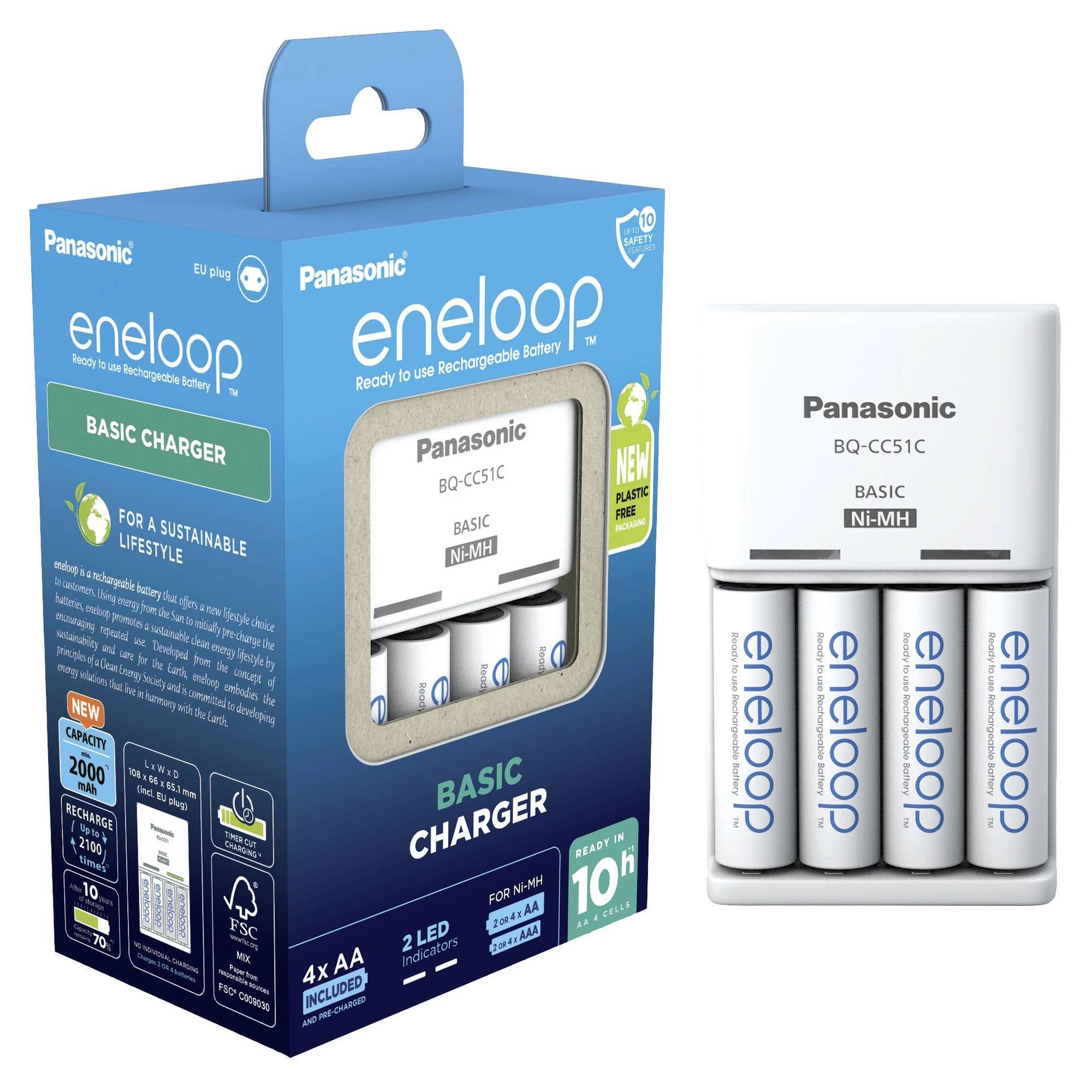 Купить Зарядное устройство Basic Charger+ Аккумулятор Eneloop NI-MH AA 2000 мАч 4 шт. (K-KJ51MCD40E) - фото 1