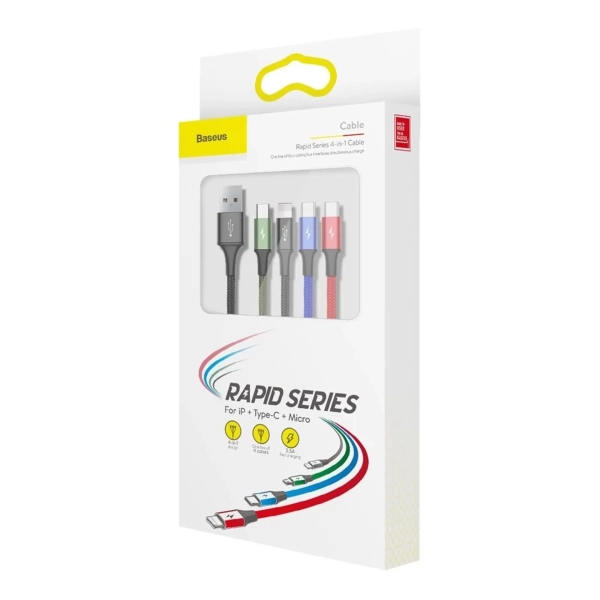 Купити Кабель Baseus Fast 4-in-1 USB - Lightning+USB-C(2)+MicroUSB 3.5A 1.2m Black(CA1T4-B01) - фото 5