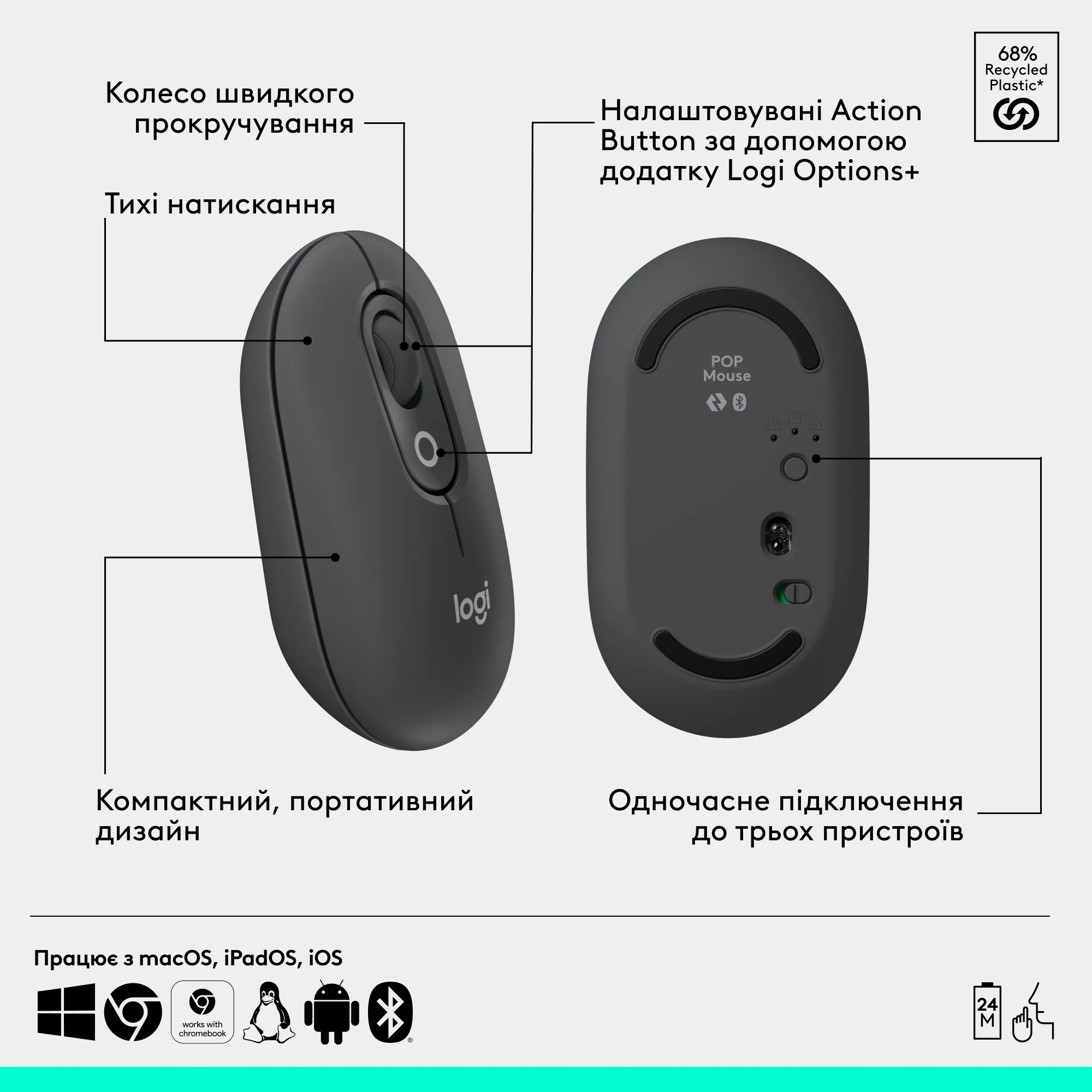 Купить Комплект клавиатура и мышь Logitech POP Icon Combo Bluetooth UA Graphite (920-013156) - фото 7