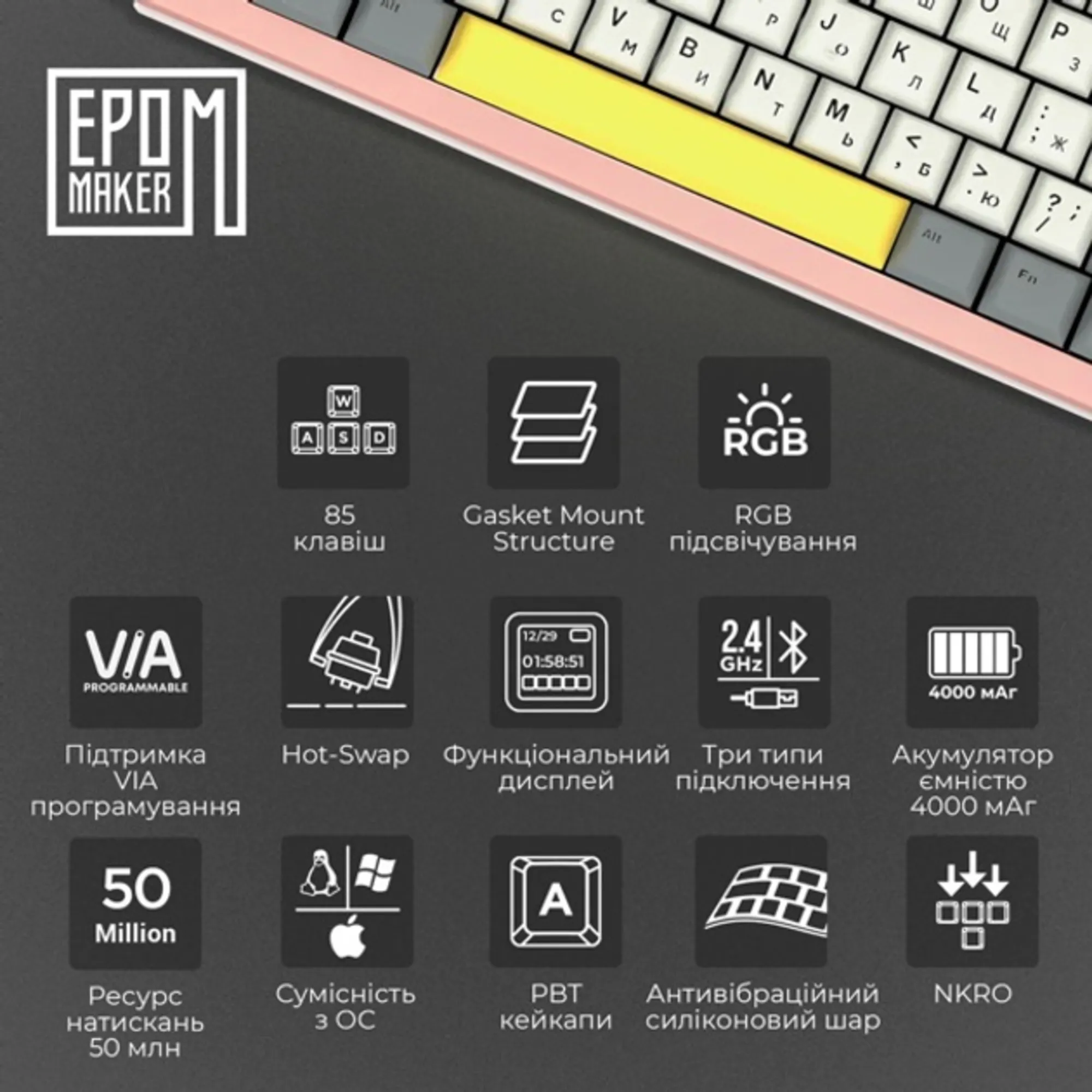 Купити Клавіатура EPOMAKER Shadow-S TKL Wisteria Linear Switch Hot-Swap RGB Pink (SHS-P-WL) - фото 3