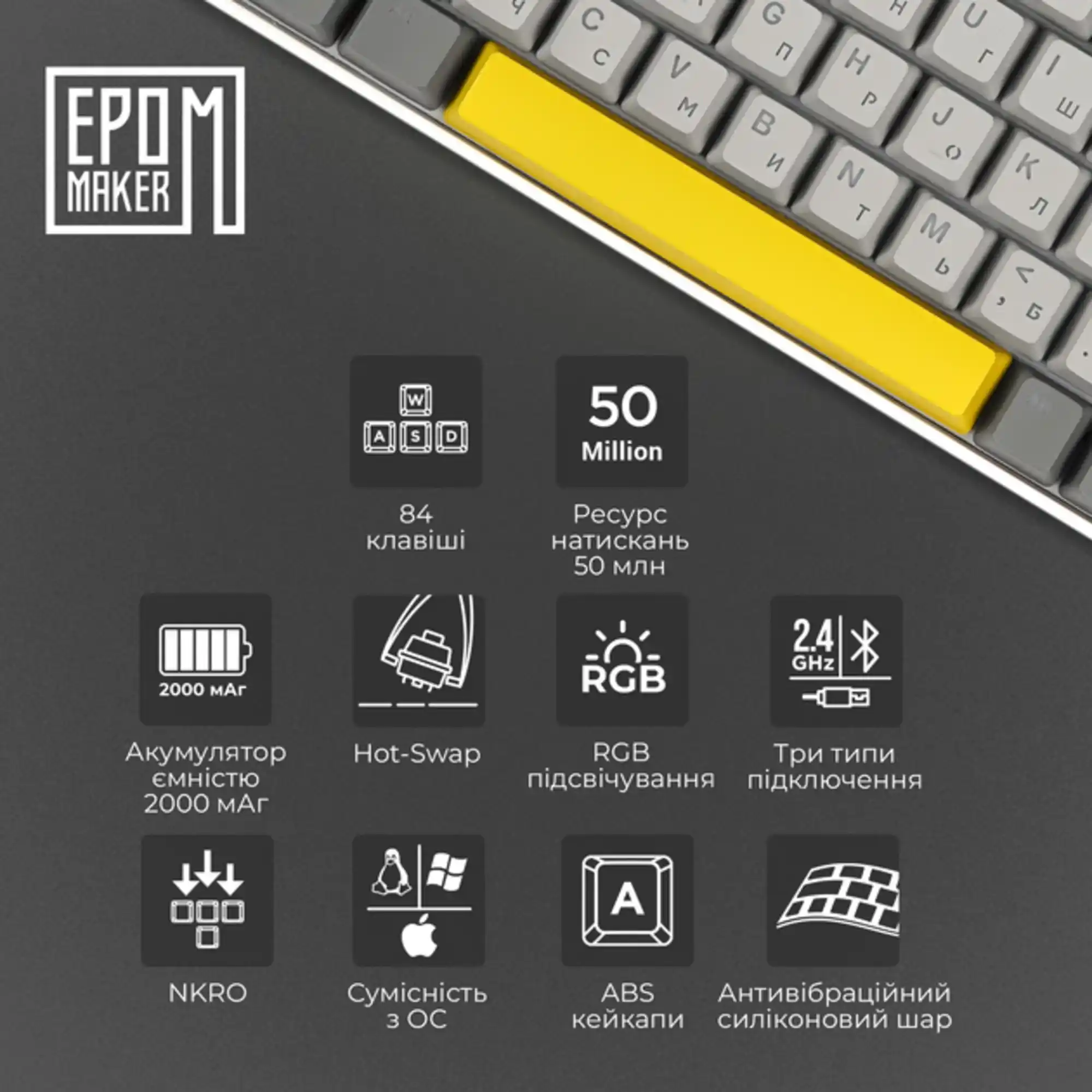 Купить Клавиатура EPOMAKER EP84 Plus Wisteria Linear Switch Hot-Swap RGB White (EP84-W-WL) - фото 3