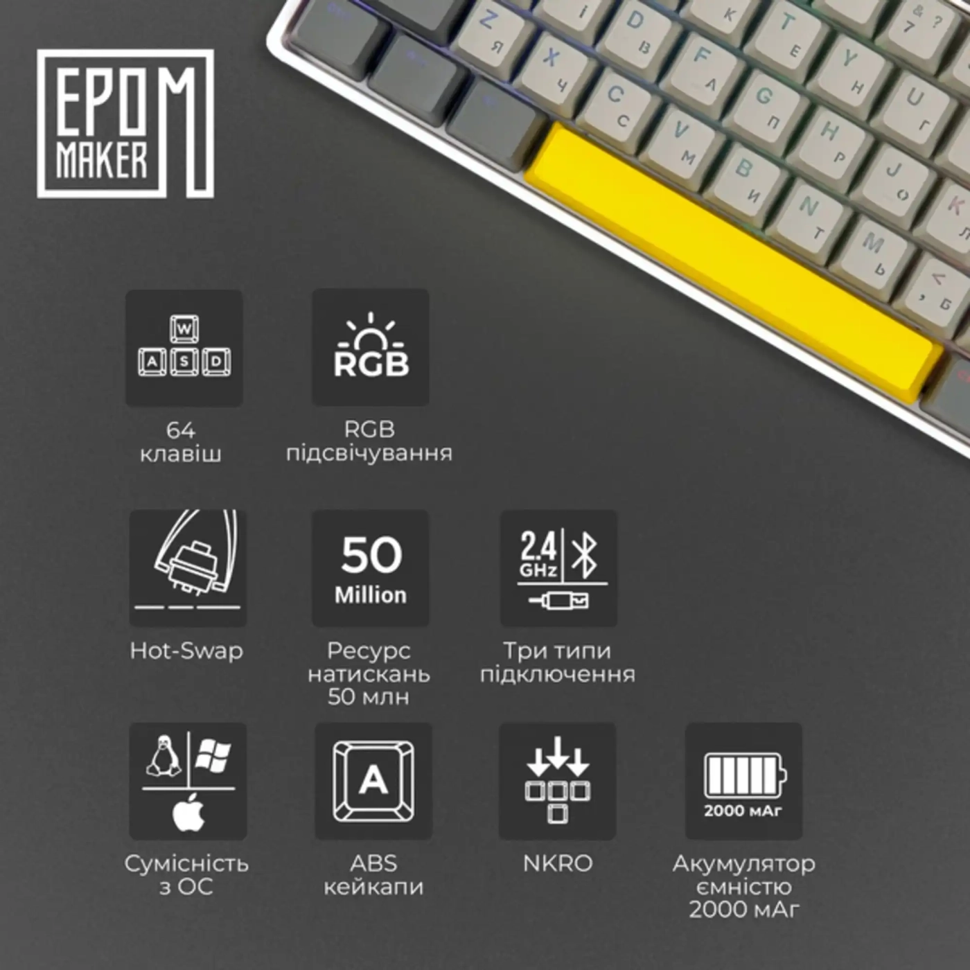 Купити Клавіатура EPOMAKER EP64 Mulan Switch Hot-Swap RGB White (EP64-W-M) - фото 3